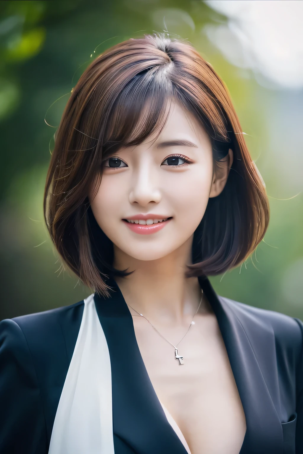 (masterpiece:1.3), (8k, Photorealistic, Raw photo, Best image quality: 1.4), Japanese 、(Random Hairstyles:1.2)、Cleavage:1.2、Super detailed face、Attention to detail、double eyelid、Put your chest together、Sharp focus:1.2、Beautiful woman:1.4、Light brown hair、highest quality、masterpiece、超A high resolution、(Photorealistic:1.4)、Highly detailed and professionally lit smile、thin、Serious expression、Short-haired、Deadly position、Lower your eyes、profile、suit