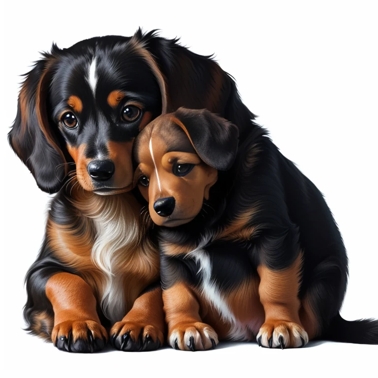 Picture of a mother dog and puppy sitting together, Dachshund, Puppy raising his front paws, Realistic painting, Cute Dog Drawing, Very realistic, very Very realistic, ultra Realistic painting, size, Very realistic, By Eva Švankmajerová, .Very realistic, Digital Paint, Adorable digital painting, Very realistic, Realistic art, High quality illustrations, Maternal, High-quality portraits