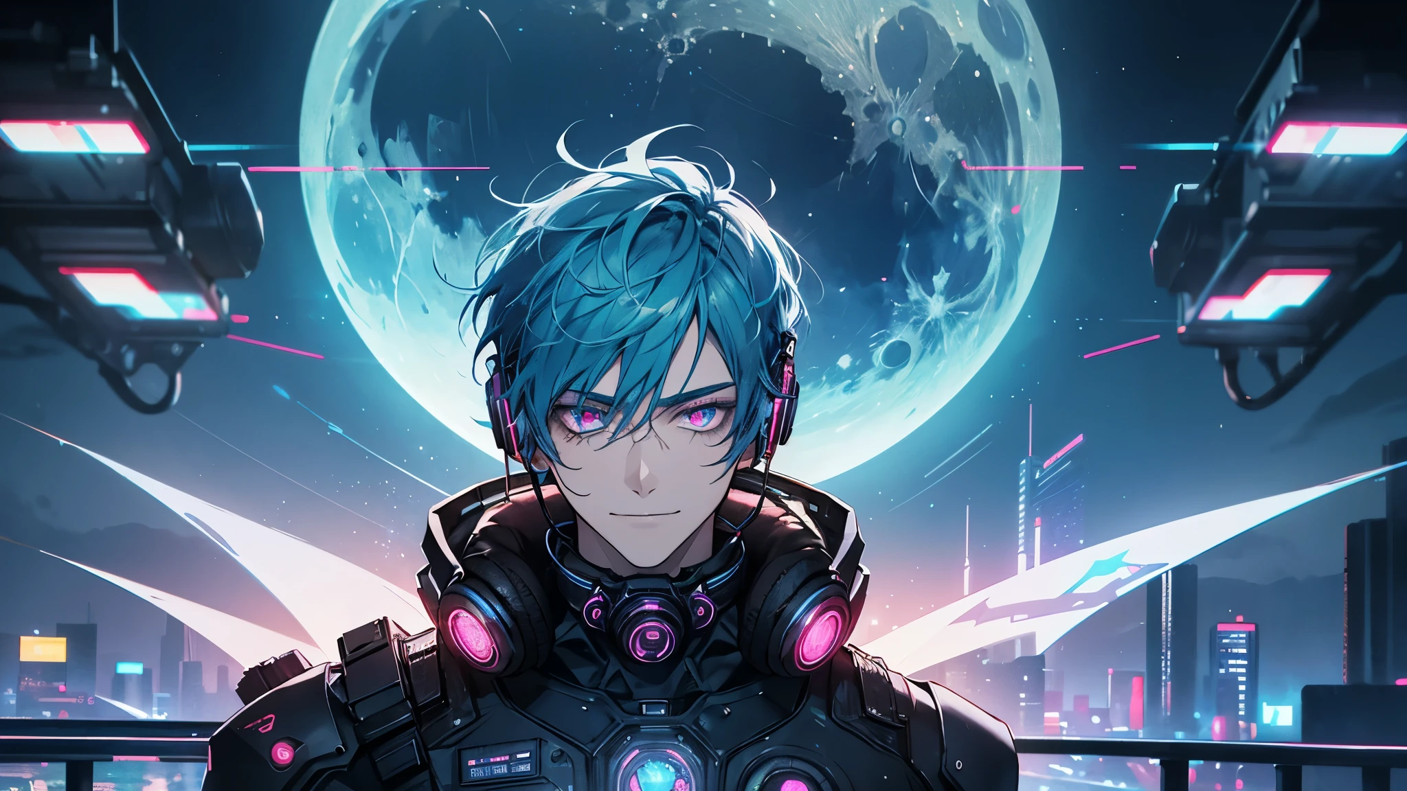 1boy, (extremely beautiful), solo, male focus, cyberpunk, neon lights, vibrant colors, headphones, Cyberpunk, neon, masterpiece, best quality, ultra-detailed, cyberpunk background, detail, in the starry night, moon, explosive and clear eyes, glowing eyes, beautiful details in the wind, little smile. thinking and watching the moon