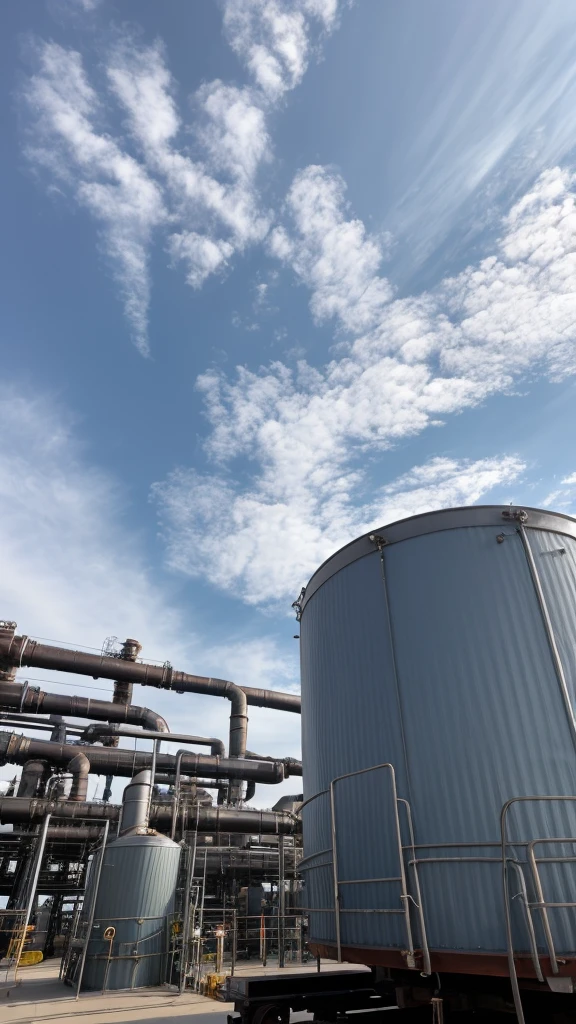 Landscape of Engineering Industrial Photo the Large Water Tanks at industrial complex, pipe installation as background and cloudy blue sky. Instagram photo, corporate photo, industrial tank. 