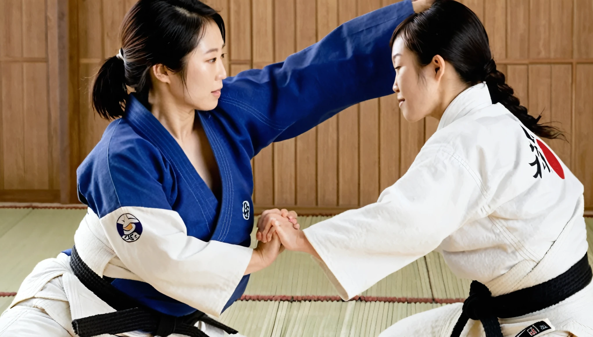 Two Japanese women wearing blue and white judo uniforms and black belts are practicing in a tatami dojo、２People are holding each other&#39;s judo uniforms and trying to throw them over their shoulders