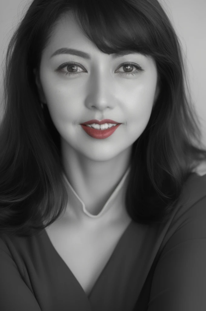 NSFW, ((highest quality)), ((8K)), ((masterpiece:1.3)), (perfect look), (photorealism:1.6), (walking woman), (Japanese woman shopping), (A shopping mall where many people go), clear background, (grayscale: 1.6), japanese woman, 47 years old, ((Realistic skin texture)), (Fine wrinkles throughout the skin: 1.3), (Dull skin: 1.1), (Skin without moisture: 1.2) , (Wrinkles on the face: 0.9), (Wrinkles on the corners of the eyes: 1.2), Double eyelids, tear bags on the lower eyelids, (Crying moles: 0.9), The eyes are looking here, serious gaze, (Dimples: 1.2), red lips, (short bangs: 1.2), short hair, Long hair with curls at the tips, (hair falls over ears), smiling with the corners of the mouth raised, soft fabric blouse, wide sleeves, Cuffs that fit your wrist, long skirt, barefoot, hair fluttering in the wind, small breasts, (Only women's lips are colored: 1.6), (bright red lips: 1.6), (whole body), low angle,