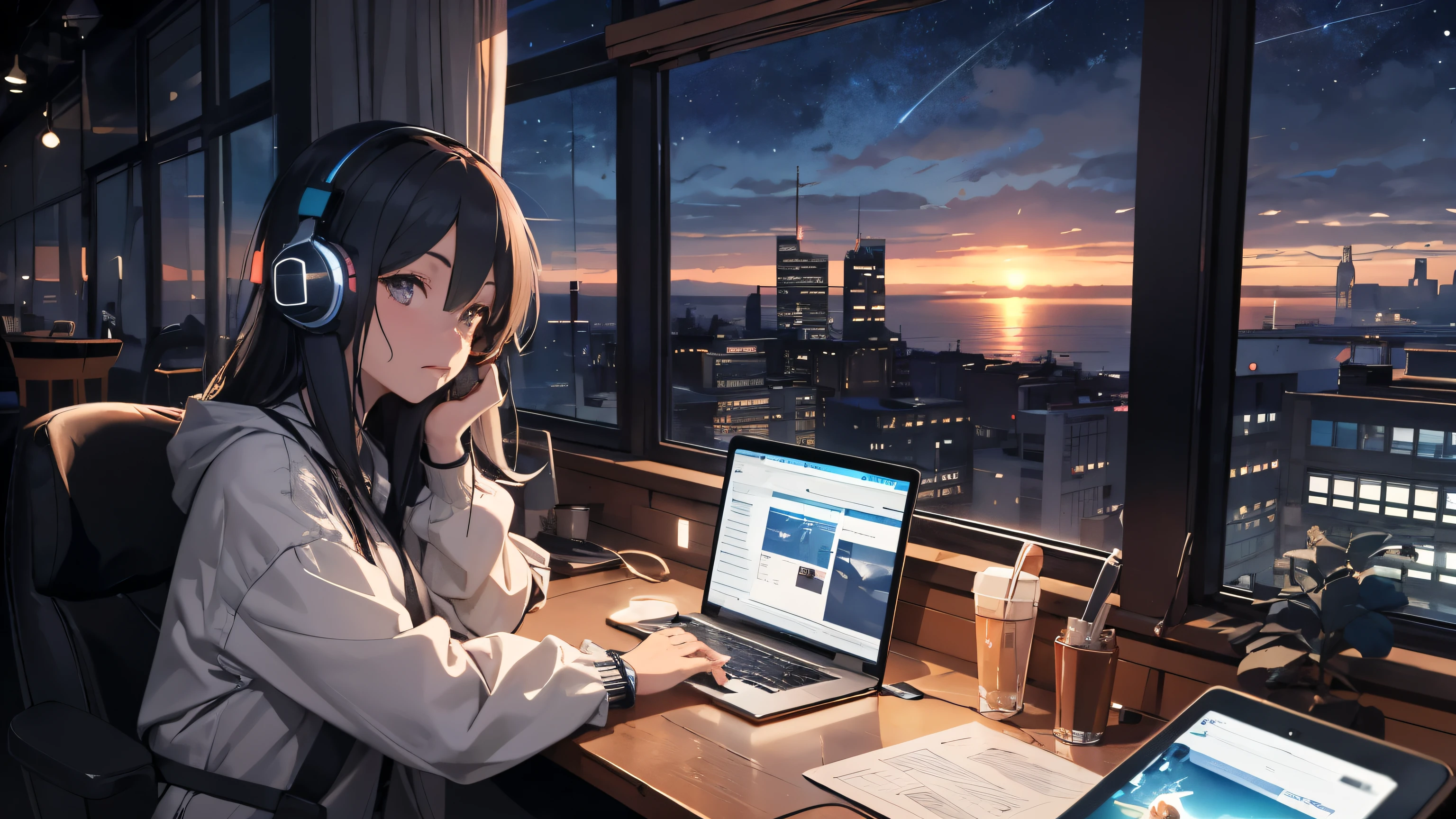 "A cafe on a hill overlooking the sea, A woman wearing headphones looking at the night sky, Wear long sleeves while working on a computer, with an 80's anime style and city pop culture vibe with a hint of ennui." please. # constrained:. - The cafe has a hill、You can see the ocean - The cafe has counter seats with a view of the ocean - People working while sitting at the cafe counter - People working in a cafe while looking at the night sky - Women are wearing headphones. - Women are wearing long sleeves. - Women are wearing long sleeves. - She uses a computer for work.. - The girl's style resembles 80's anime. - The atmosphere is city pop culture - The female mood is malaise. # Assumptions:. - The cafe is on the hill.. - You can see the ocean from the cafe. - A woman is in a cafe at night. - Women bring their own computers. - The interior and music of the café are in the style of 80's anime. - The cafe&#39;s atmosphere reflects the city&#39;s pop culture. # criterion:. - criterion: The cafe seats face the hill.. - Watch the night sky from a cafe window. - The girl is listening to music while working because she is wearing headphones - Women are wearing long sleeves to adjust the temperature in the café. - The decor and music of the café should incorporate 80's anime style, Be careful with your poster and music choices。The cafe&#39;s atmosphere reflects the city&#39;s pop culture。, Be creative with lighting and interior design - to avoid a boring atmosphere for girlinimize interactions with staff and other customers
