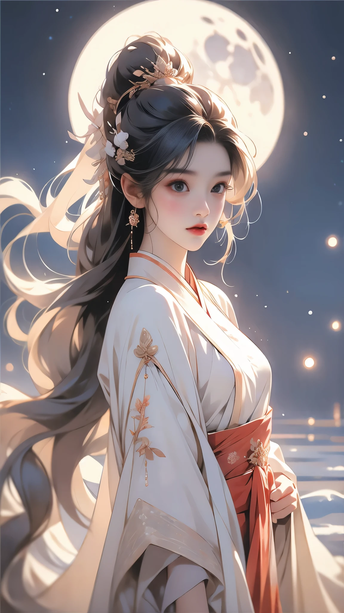 1girl,solo,very long hair,absurdres,realistic,masterpiece,best quality,hanfu,high ponytail,delicate facial features,long hair,white hair,dress,long sleeves,hair ornament,fair_skin,3d,beautiful lines,peaceful face,oriental minimalist style,best details,masterpiece,coiled hair,hanfu,gufeng,1girl,long hair,hair omament,weapon,hair flower,jewelry,((moon)), starry sky, (lighting particle), fog, snow,(bloom),