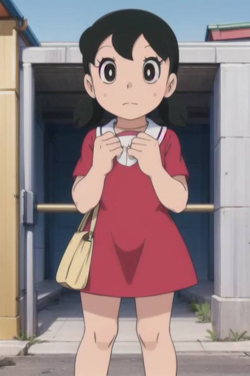 child, masterpiece, nice hands, best quality, 1girl, Nanako Doujima, solo, brown hair, short twintails, flat chest, pink dress, footprints, snowing, outdoors, looking at viewer, black eyes, <lora:comiclo:0.9>, chibi, child