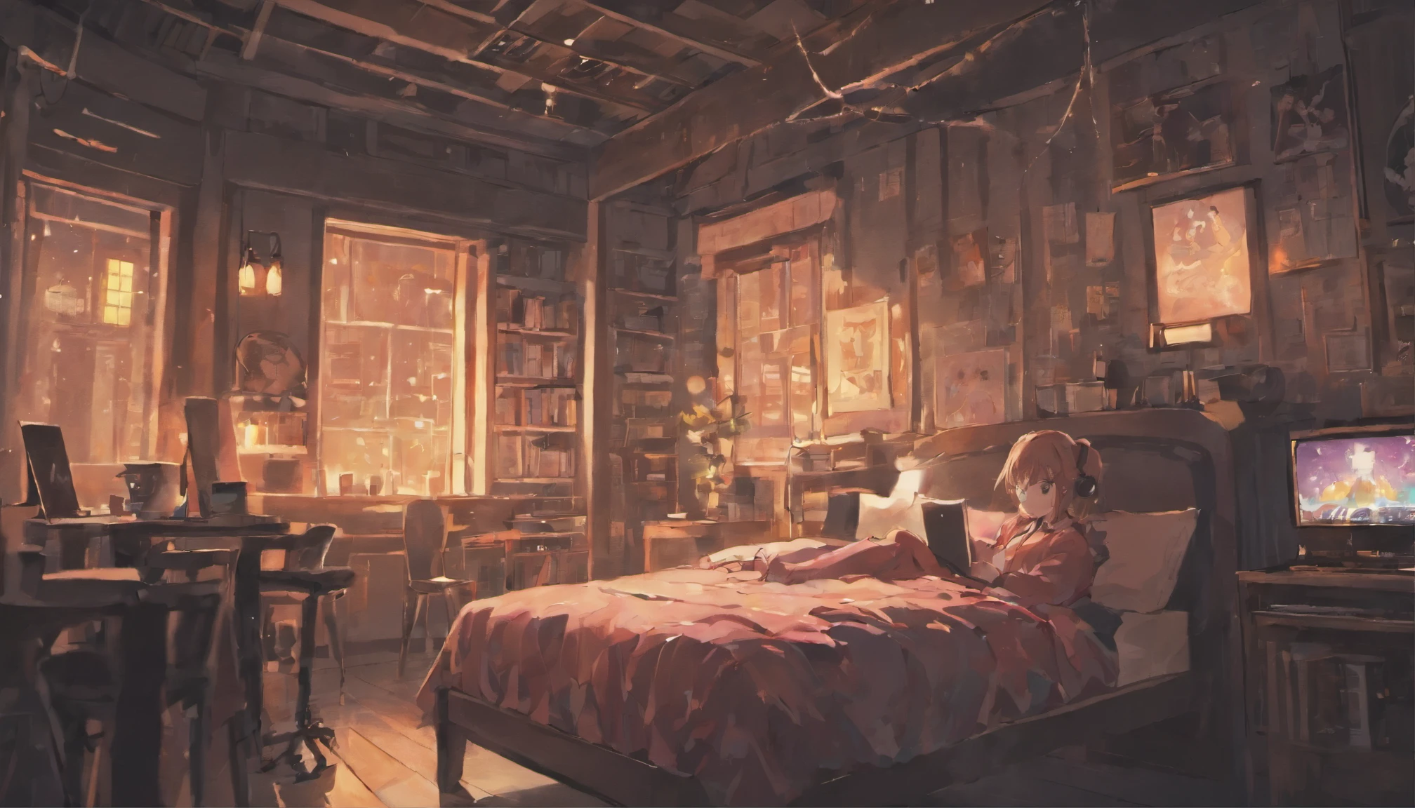 night,Girl listening to music in a cozy room, Using headphones, Anime-style 2D, Lo-Fi, hard disk, Dark Environment,Large windows