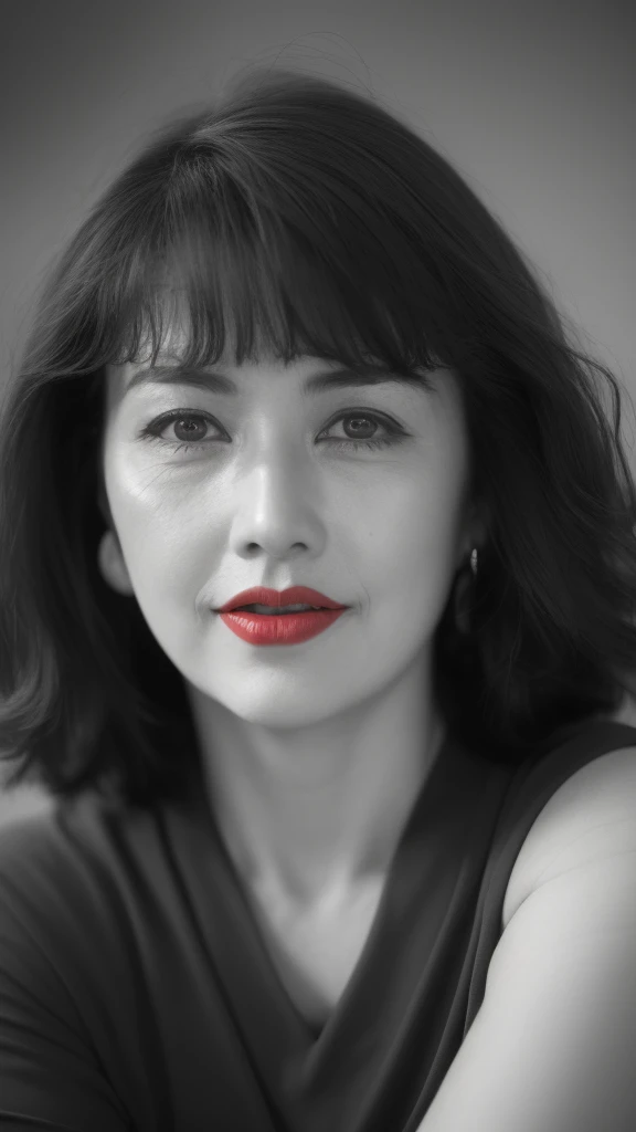 NSFW, ((highest quality)), ((8K)), ((masterpiece:1.3)), (perfect look), (photorealism:1.6), (walking woman), (Japanese woman shopping), (A shopping mall where many people go), clear background, (grayscale: 1.6), japanese woman, 47 years old, ((Realistic skin texture)), (Fine wrinkles throughout the skin: 1.3), (Dull skin: 1.1), (Skin without moisture: 1.2) , (Wrinkles on the face: 0.9), (Wrinkles on the corners of the eyes: 1.2), Double eyelids, tear bags on the lower eyelids, (Crying moles: 0.9), The eyes are looking here, serious gaze, (Dimples: 1.2), red lips, (short bangs: 1.2), short hair, Long hair with curls at the tips, (hair falls over ears), smiling with the corners of the mouth raised, soft fabric blouse, wide sleeves, Cuffs that fit your wrist, long skirt, barefoot, hair fluttering in the wind, small breasts, (Only women's lips are colored: 1.6), (bright red lips: 1.6), (whole body), low angle,