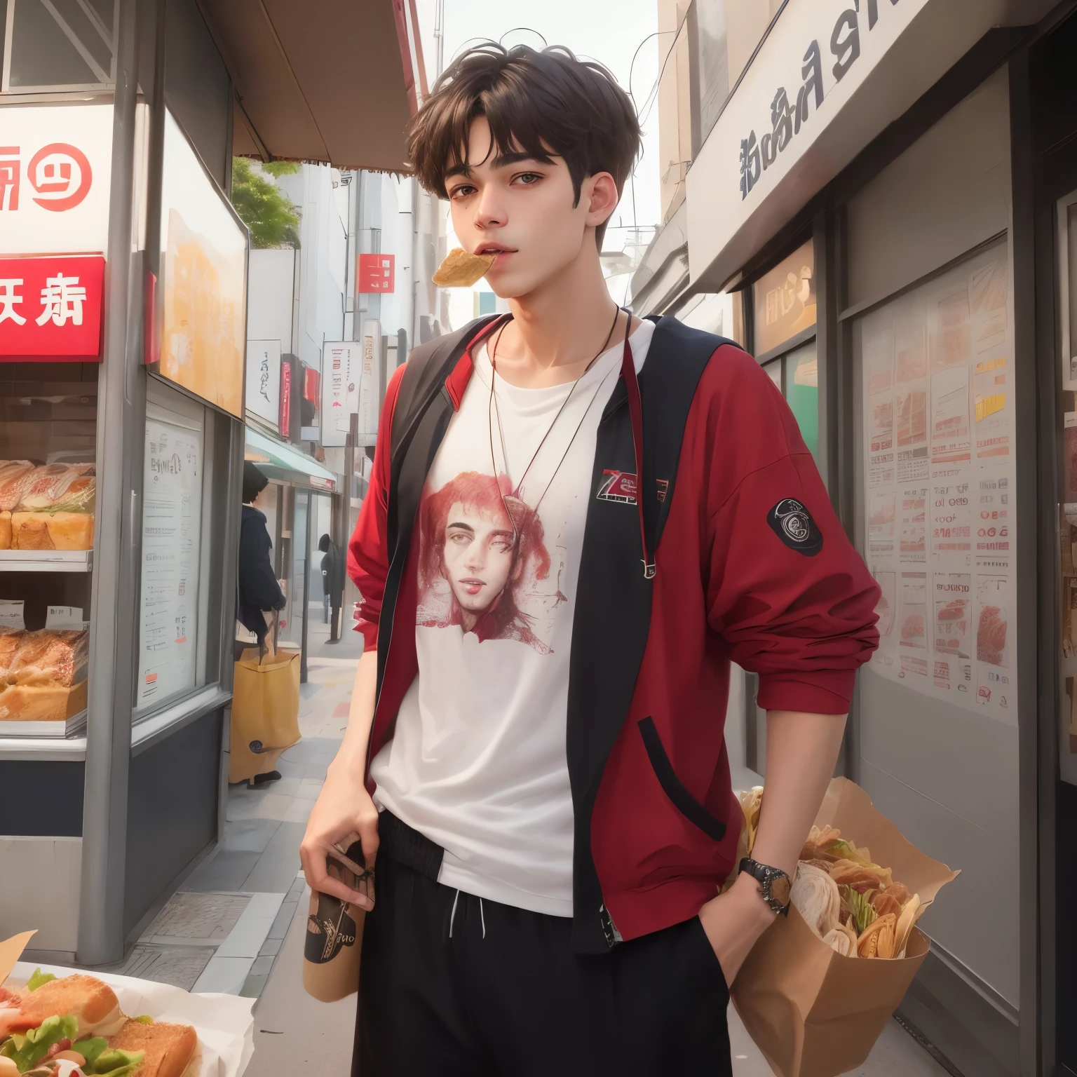 there is a man parado em um estacionamento comendo a sandwich, taehyung comendo gucci fries, o magro, Pete Davidson passeando com um canguru, in front of ramen shop, coelho mau, parado em um estacionamento, ambientado no estacionamento do Tokyo Bank, taken at the beginning of 2020, comendo, arte mista, tirada no iphone 14 pro, artista desconhecido