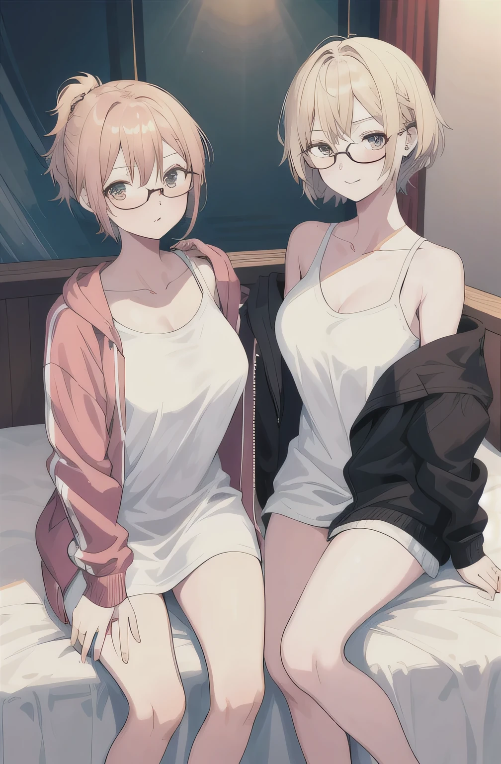 2 girls , sisters , 23 year old beautiful younger sister peach short hair huge breasts naked shyness wearing glasses sitting on bed, 26 years old beautiful funny older sister blonde long pony tail hair small breasts ear pierced naked no glasses standing , bedroom background ,look at camera , half body , (high resolution) , nsfw ,rise clothes , exciting face , oversized jacket