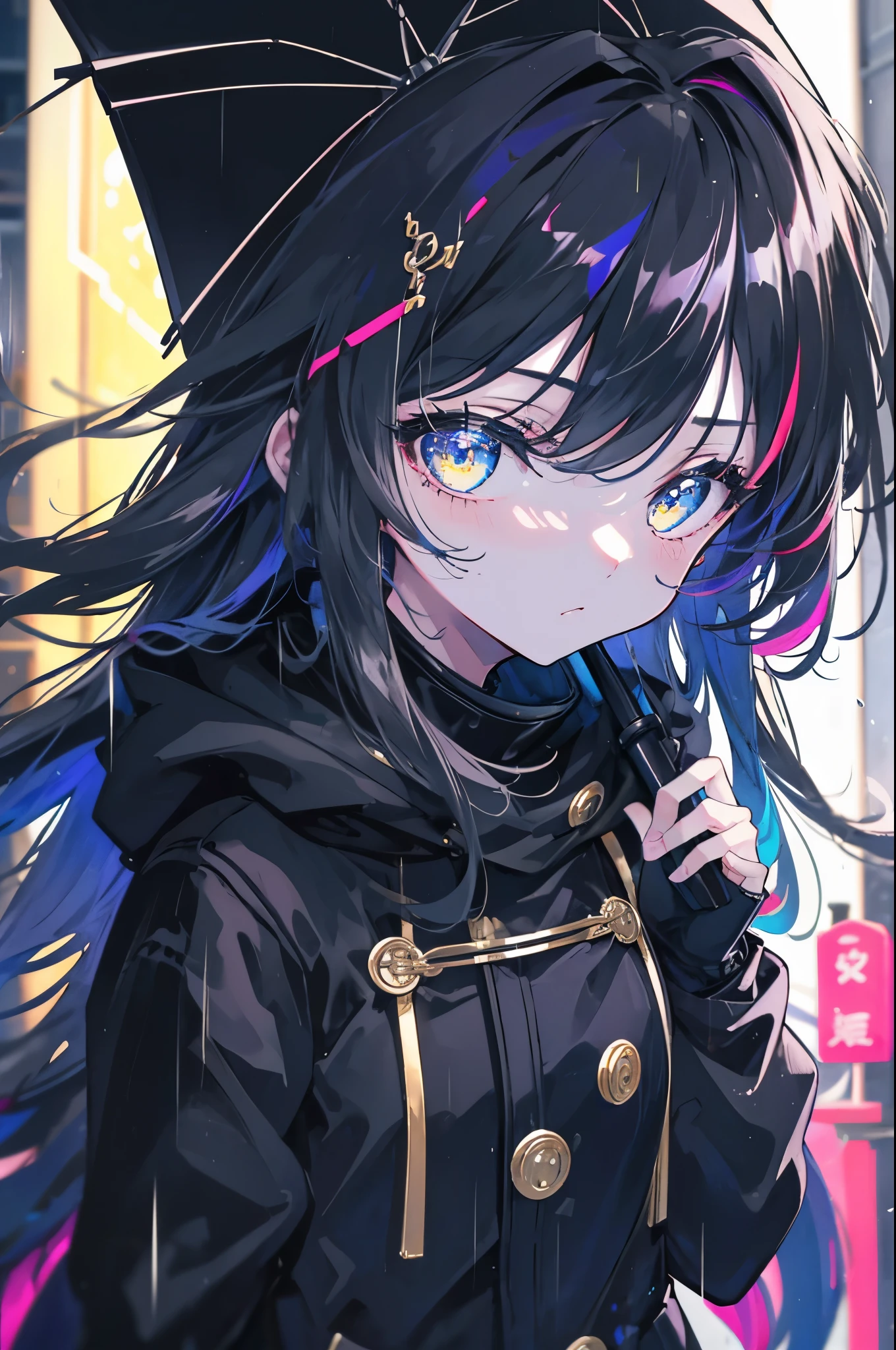 One Girl、City of night、Street lamp、rain、coat、Put your hands in your pockets、they will laugh、Super colorful、Black-based color scheme、A melancholic look、Use an umbrella
