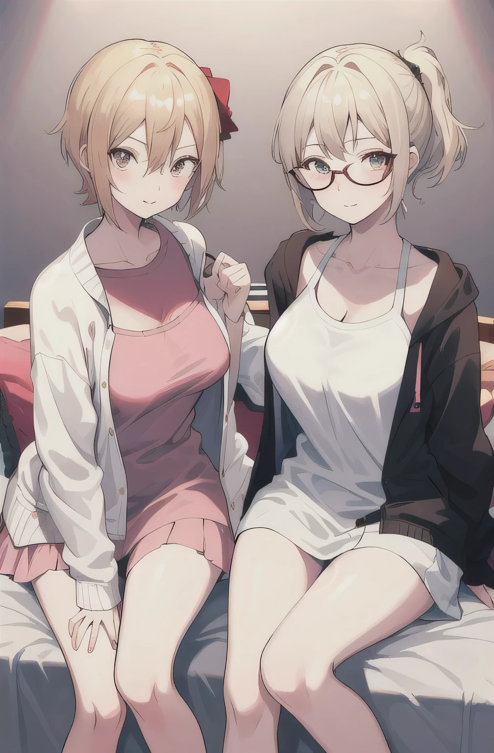2 girls , sisters , 23 year old beautiful younger sister peach short hair huge breasts naked shyness wearing glasses sitting on bed, 26 years old beautiful funny older sister blonde long pony tail hair small breasts ear pierced naked no glasses standing , bedroom background ,look at camera , half body , (high resolution) , nsfw ,rise clothes , exciting face , oversized jacket