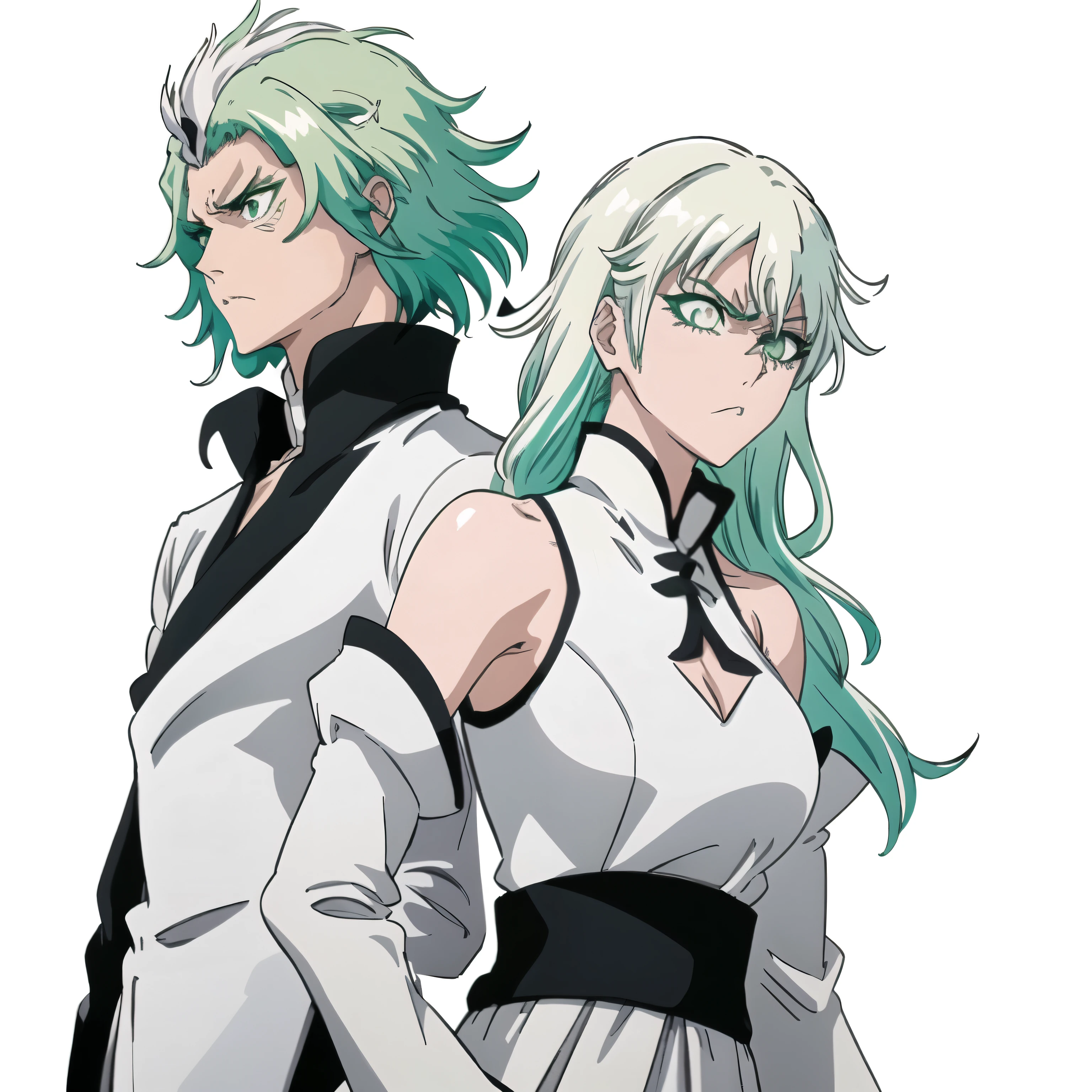 1girl, solo, arrancar, bare shoulders, haughty attitude, long sleeves, simple background, white background, long neon green hair, emerald color eyes, olive skin, white and black clothes, high collar close to neck, middle aged woman, bleach art-style, 2d, scowling, traversing , traversing empty ivory hallway