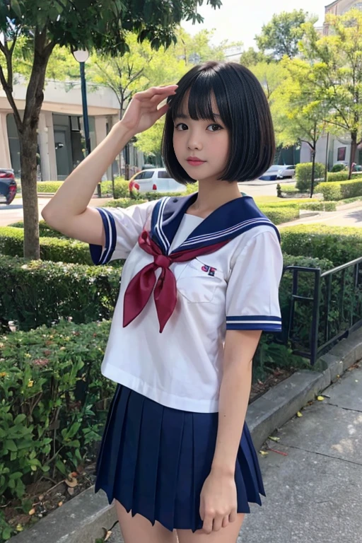 (best quality, masterpiece:1.2),(realistic,photo-realistic:1.2), extremely detailed, intricate details, 8K, ultra high resolution, RAW photo, Serafuku, solo, 1girl, a high school girl wearing sailor uniform, dark hair, bowl cut hair, (deep blue) collar, ((red)) neckerchief, (white) shirt, (deep blue) miniskirt, midium breasts, detailed face, detailed eyes, smaller face, photo background, outdoors, daytime, sunny,