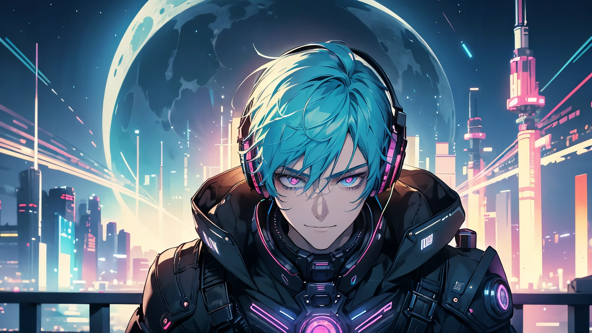 1boy, (extremely beautiful), solo, male focus, cyberpunk, neon lights, vibrant colors, headphones, Cyberpunk, neon, masterpiece, best quality, ultra-detailed, cyberpunk background, detail, in the starry night, moon, explosive and clear eyes, glowing eyes, beautiful details in the wind, little smile. thinking and watching the moon