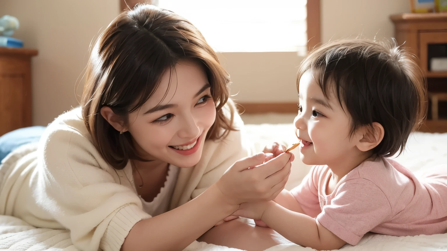I want to create a picture, Put it on the website of the maternal and child products company, Father mother and cute child playing together, Need to show warmth、care、With a smile on his face、happy feeling, No need to deliberately reflect the product