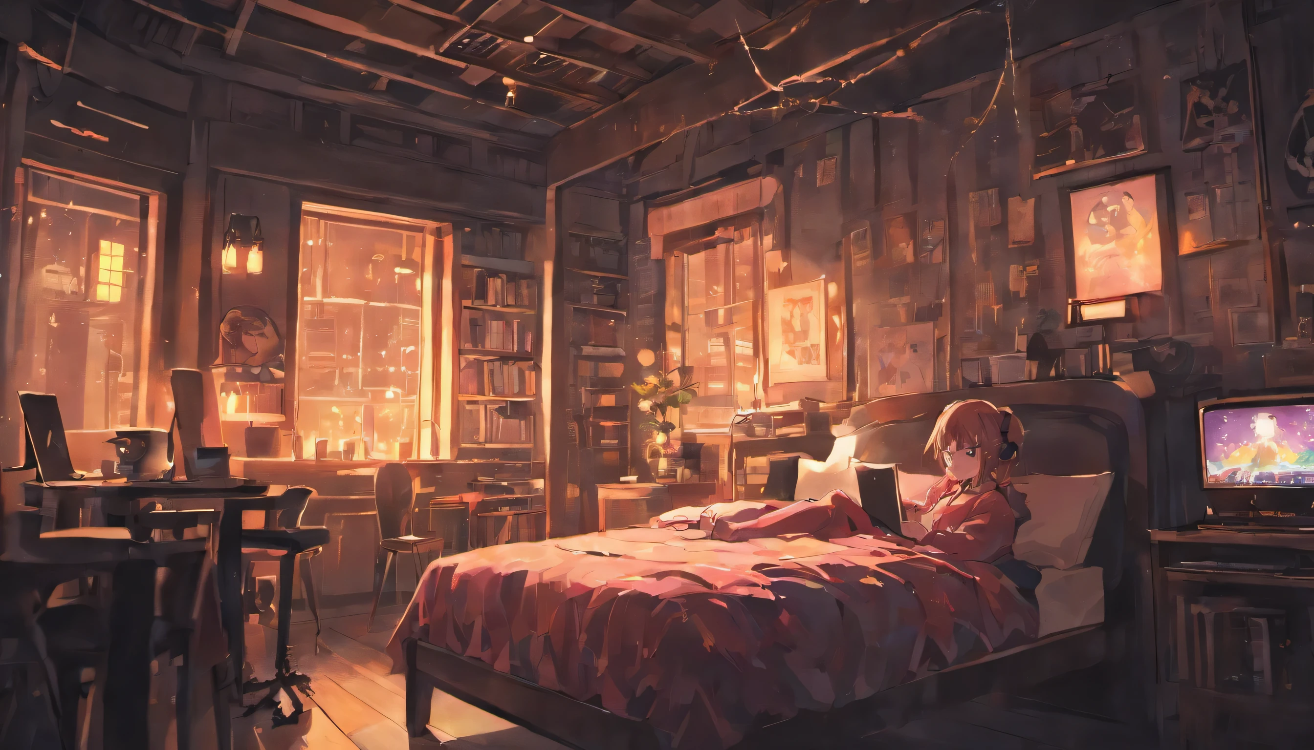 night,Girl listening to music in a cozy room, Using headphones, Anime-style 2D, Lo-Fi, hard disk, Dark Environment,Large windows