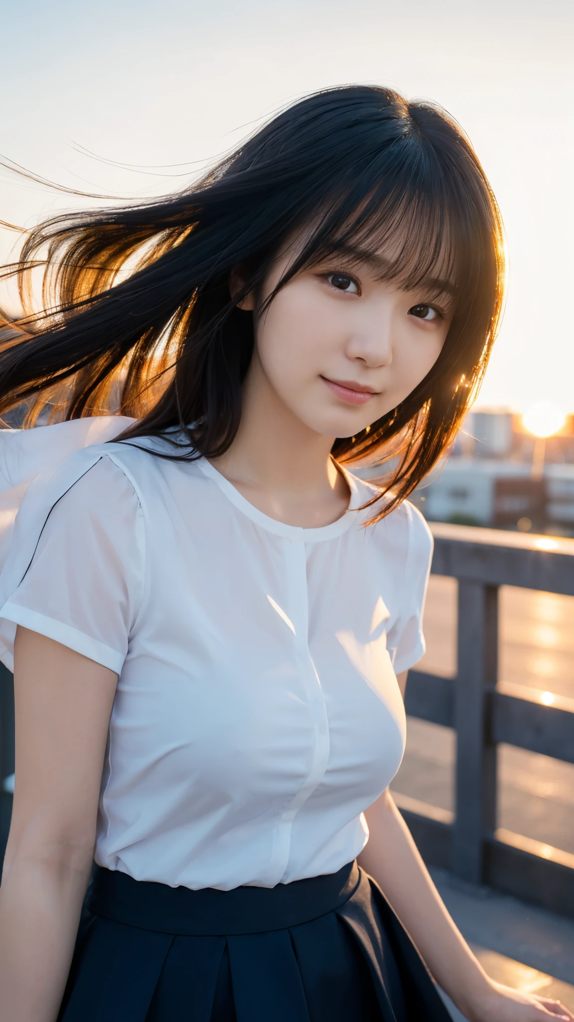 (highest quality,masterpiece:1.3,Ultra-high resolution),(Super detailed,Caustics,8k),(Photorealistic:1.4,RAW shooting),Japanese,23 years old,cute,Are standing,(smile),(Looking into the camera),Black Hair Middle Hair,Big Breasts,White blouse,Knee-length skirt,Strong winds,Hair blowing in the wind,Rooftop,Backlight,Sunset,Sunset sky,(Bust up shot),(Face Focus),(Face close up),Low position,Low - Angle,Natural light