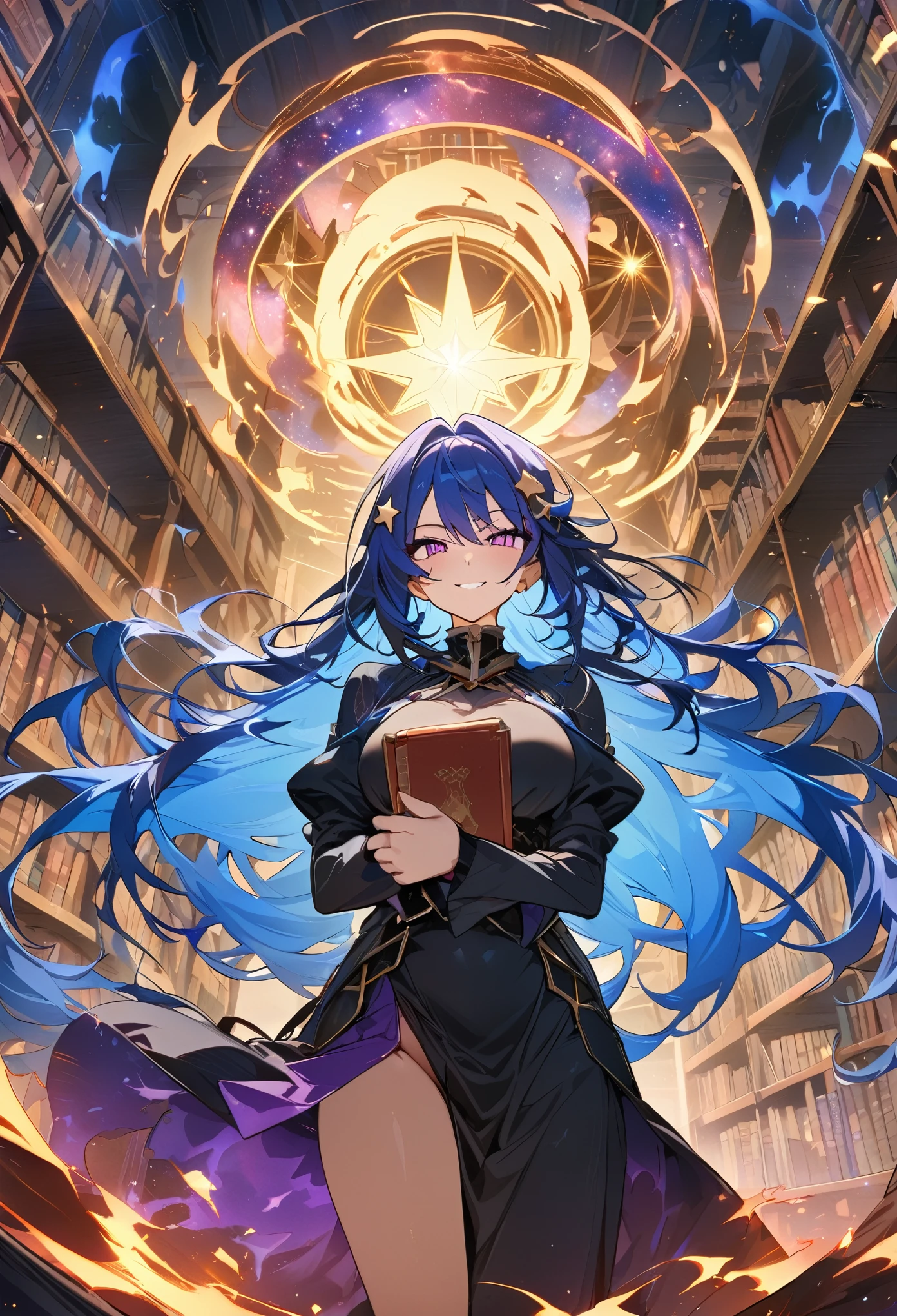 (masterpiece),(Best image quality),highest quality,(Very detailed),4K,(8k), 1 adult female character, Black Robe, Blue Hair, Long Hair, Star hair ornament, Fearless smile, villain, holding a book in hand,Infinite library and universe in the background, Presence, strong, aura