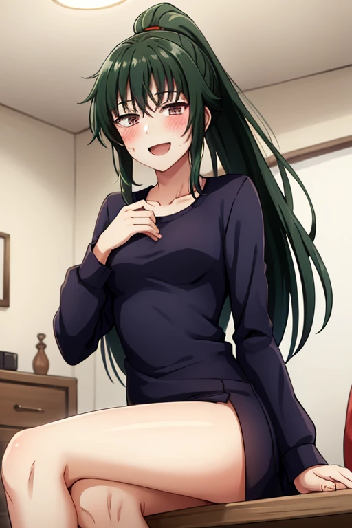 masterpiece,best quality,ultra detailed, nsfｗ, 1girl, SittingBlowjobQuiron pose, おっぱい, aroused, one-piece swimsuit, BLACK_HAIR, BANGS, LONG_HAIR, HAIR_ORNAMENT, BLUNT_BANGS, BLUSH, GREEN_EYES, SMILE, HAIRCLIP, AQUA_EYES, embarrassed