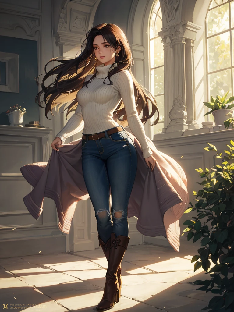 Beautiful young woman Singing to the rhythm of The Midnight's tune, With a radiant expression and a captivating voice, Delicately clad in a sweater and a jacket, Slender figure accentuated by the LA sun, Honeyed hair cascading down her back, Large brown eyes holding a deep longing, Anecdotal scars on her arms, Faded jeans and worn-in boots, Joyfully lost in the moment, Dreamlike atmosphere filled with muted tones, Sunlight breaking through, depicting the hope and strength in her vulnerability, A masterpiece in 4K, With utmost detail and high realism, Realistic rendering, HDR, and U