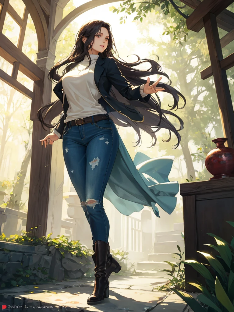 Beautiful young woman Singing to the rhythm of The Midnight's tune, With a radiant expression and a captivating voice, Delicately clad in a sweater and a jacket, Slender figure accentuated by the LA sun, Honeyed hair cascading down her back, Large brown eyes holding a deep longing, Anecdotal scars on her arms, Faded jeans and worn-in boots, Joyfully lost in the moment, Dreamlike atmosphere filled with muted tones, Sunlight breaking through, depicting the hope and strength in her vulnerability, A masterpiece in 4K, With utmost detail and high realism, Realistic rendering, HDR, and U