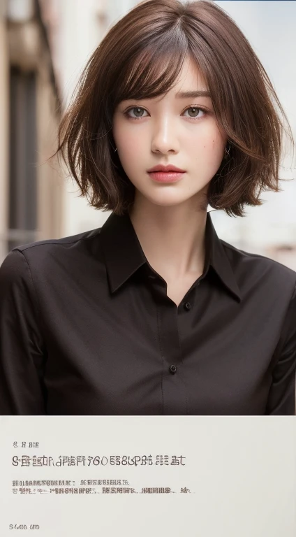 ((highest quality, 8k, masterpiece :1.3)), Sharp focus :1.2, Beautiful woman with perfect figure :1.4, Slim Abs :1.2, ((Dark brown hair, milk :1.3)), (Black Button Shirt :1.1), City Street:1.2, Highly detailed face and skin texture, Fine grain, double eyelid、short hair、Mole on mouth