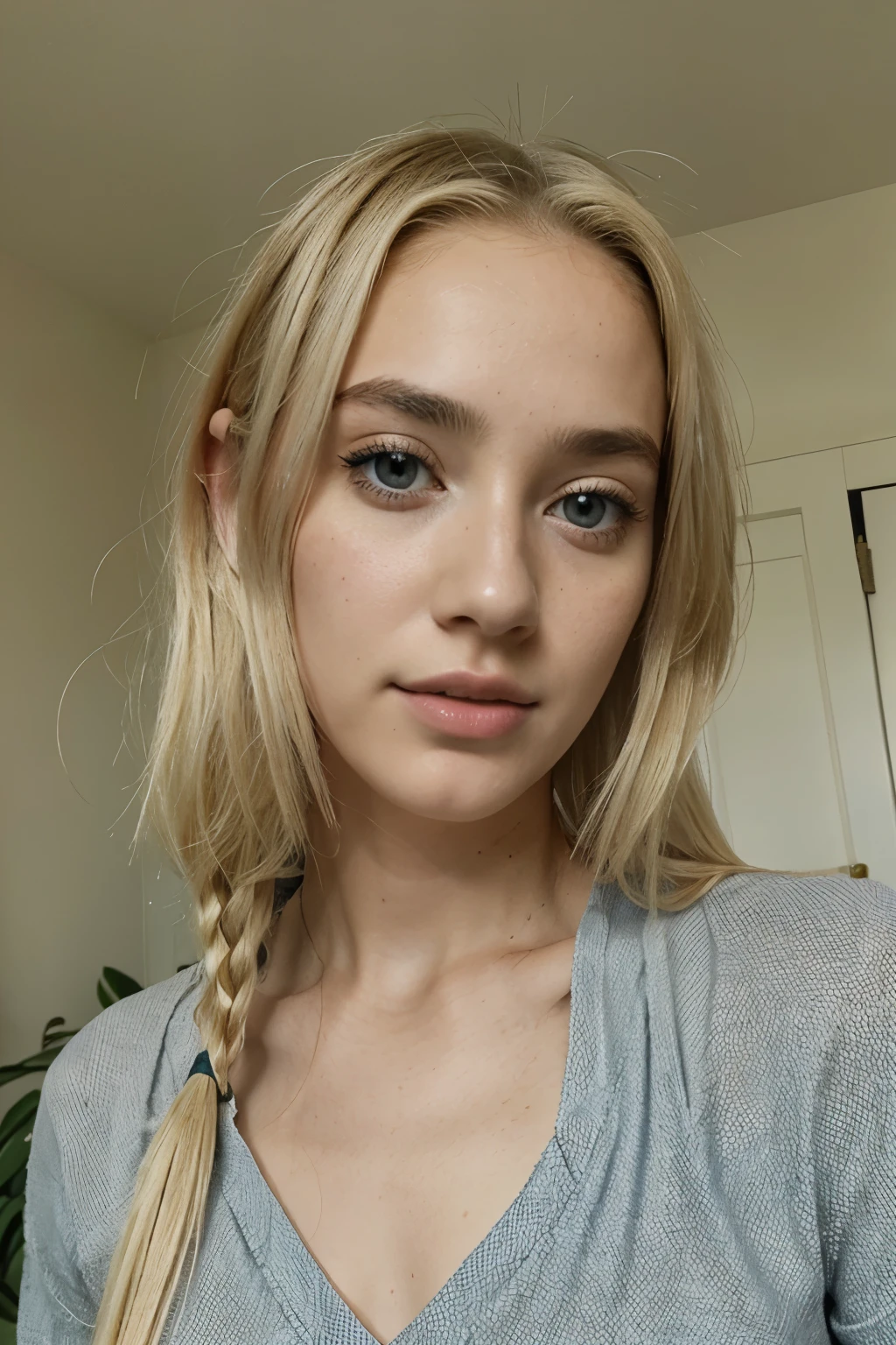 1 chica, 21 years old blonde, pelo largo, pecas, camisa de manga larga, vaqueros, cuadrado del tiempo, gargantilla negra, blue eyes, hiper detalle, Mega detalle, pale skin, piel blanca, faciones finas, caderas grandes y alto detalle, realista, curvas, atardecer