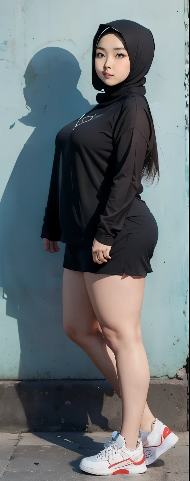 1 chinese-Indonesian girl, modern plain hijab, shy, medium portrait, watery eyes, ((small breasts)), black bokeh background, well-proportioned body,, chubby massive thighs, full body pose, Hena art on the body, hena art on arms, full body view , wearing red sneakers , fat legs, massive thighs ,