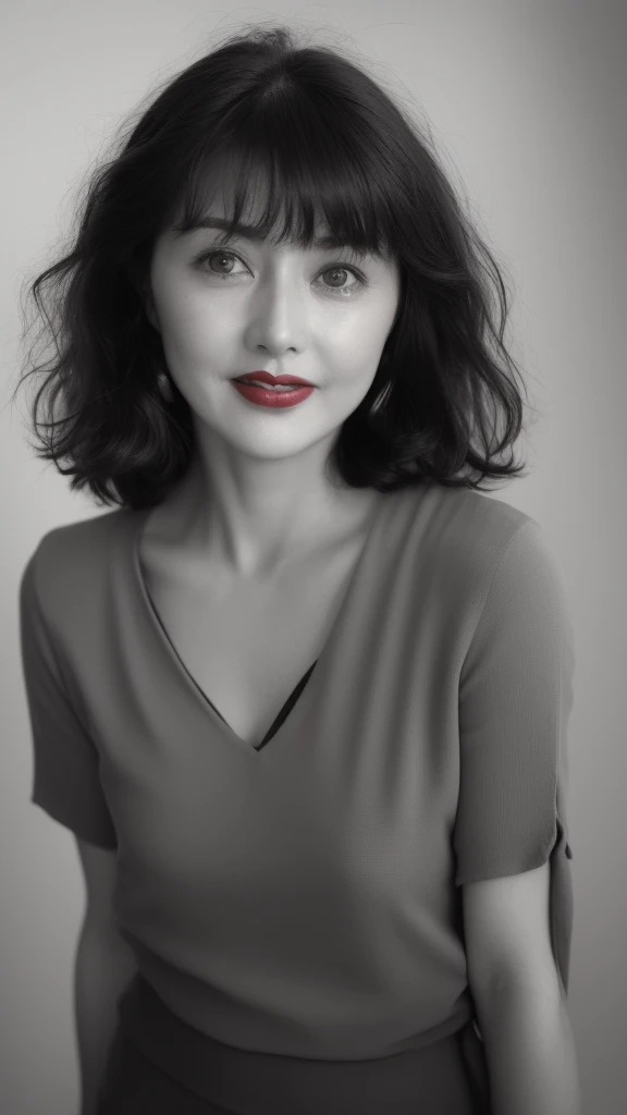 NSFW, ((highest quality)), ((8K)), ((masterpiece:1.3)), (perfect look), (photorealism:1.6), (walking woman), (Japanese woman shopping), (A shopping mall where many people go), clear background, (grayscale: 1.6), japanese woman, 47 years old, ((Realistic skin texture)), (Fine wrinkles throughout the skin: 1.3), (Dull skin: 1.1), (Skin without moisture: 1.2) , (Wrinkles on the face: 0.9), (Wrinkles on the corners of the eyes: 1.2), Double eyelids, tear bags on the lower eyelids, (Crying moles: 0.9), The eyes are looking here, serious gaze, (Dimples: 1.2), red lips, (short bangs: 1.2), short hair, Long hair with curls at the tips, (hair falls over ears), smiling with the corners of the mouth raised, soft fabric blouse, wide sleeves, Cuffs that fit your wrist, long skirt, barefoot, hair fluttering in the wind, small breasts, (Only women's lips are colored: 1.6), (bright red lips: 1.6), (whole body: 1.4), Angle from feet: 1.4,