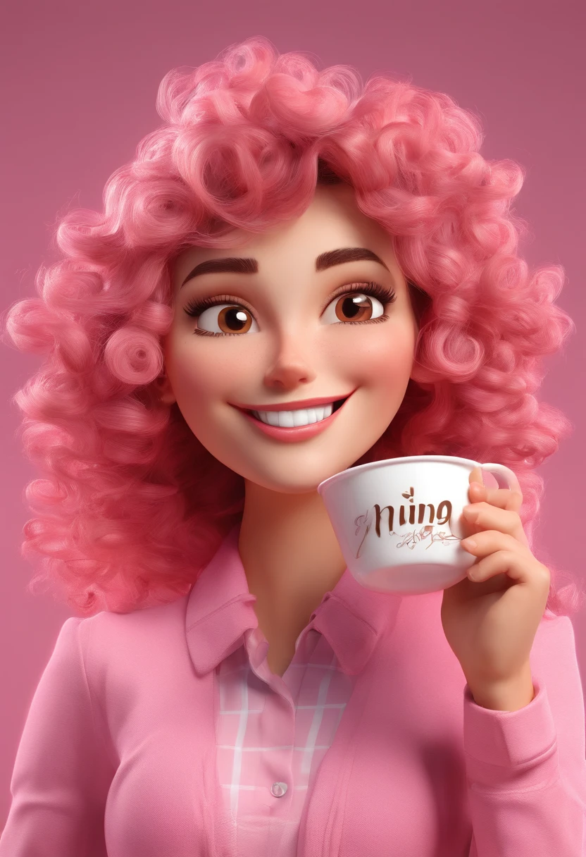  happy drinking coffee pink character curly hair brown eyes