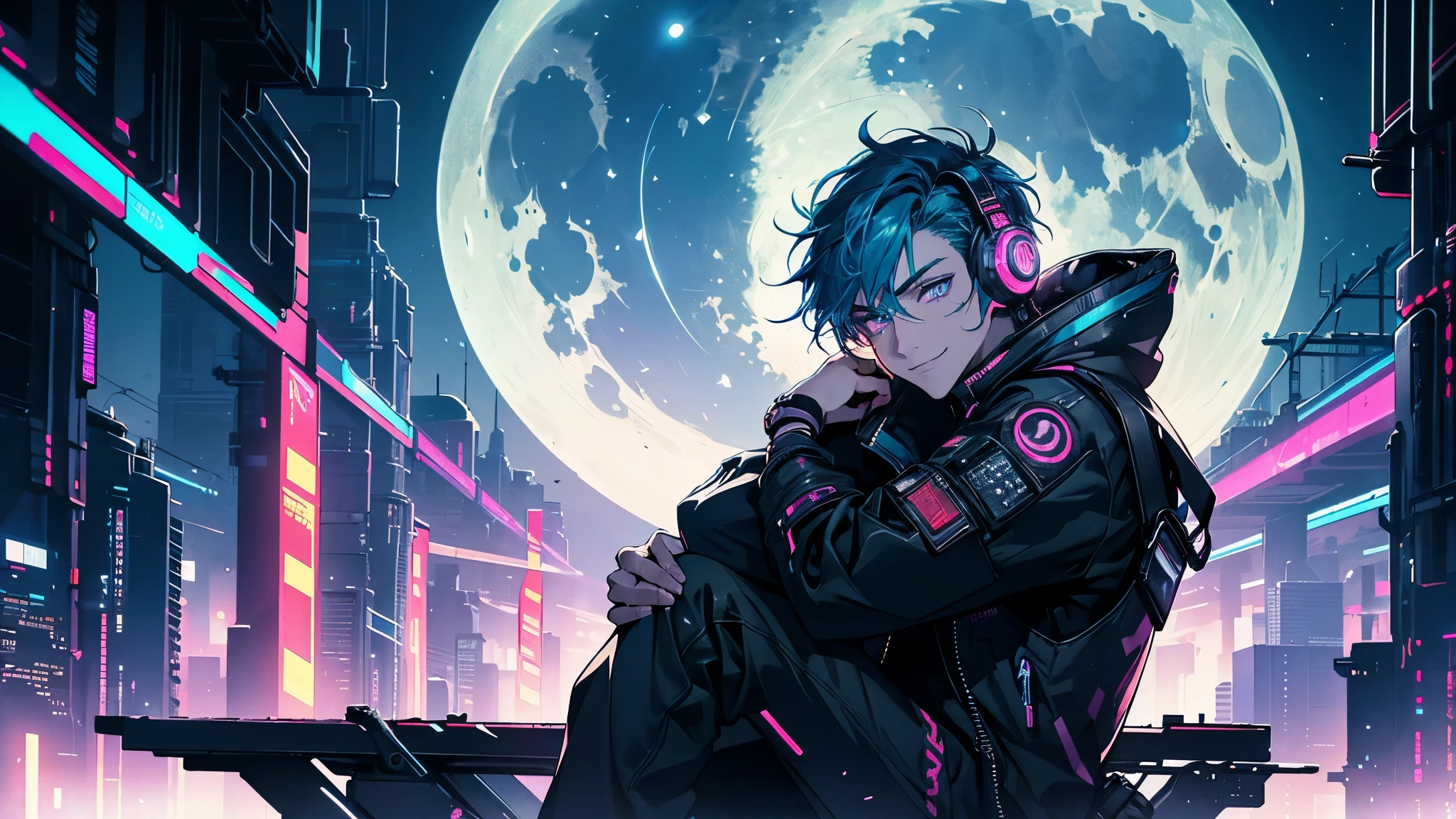 1boy, (extremely beautiful), solo, male focus, cyberpunk, neon lights, vibrant colors, headphones, Cyberpunk, neon, masterpiece, best quality, ultra-detailed, cyberpunk background, detail, in the starry night, moon, explosive and clear eyes, glowing eyes, beautiful details in the wind, little smile. thinking and watching the moon, full body