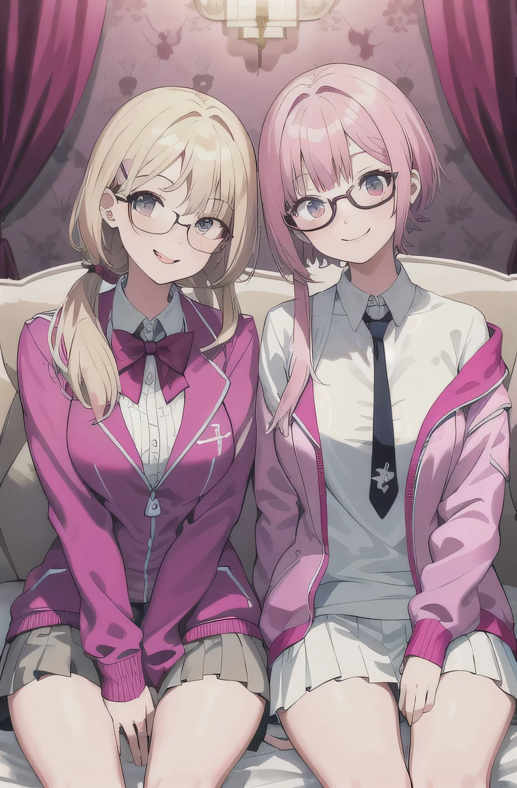 2 girls , sisters , 23 year old beautiful younger sister pink short hair huge breasts wear pink school sport jacket zipped shyness wearing glasses sitting on bed, 26 years old beautiful funny older sister blonde long hair small breasts ear's pierced cute gothic clothes no glasses , bedroom background ,look at camera , half body , (high resolution) , nsfw ,rise clothes , exciting face ,smile