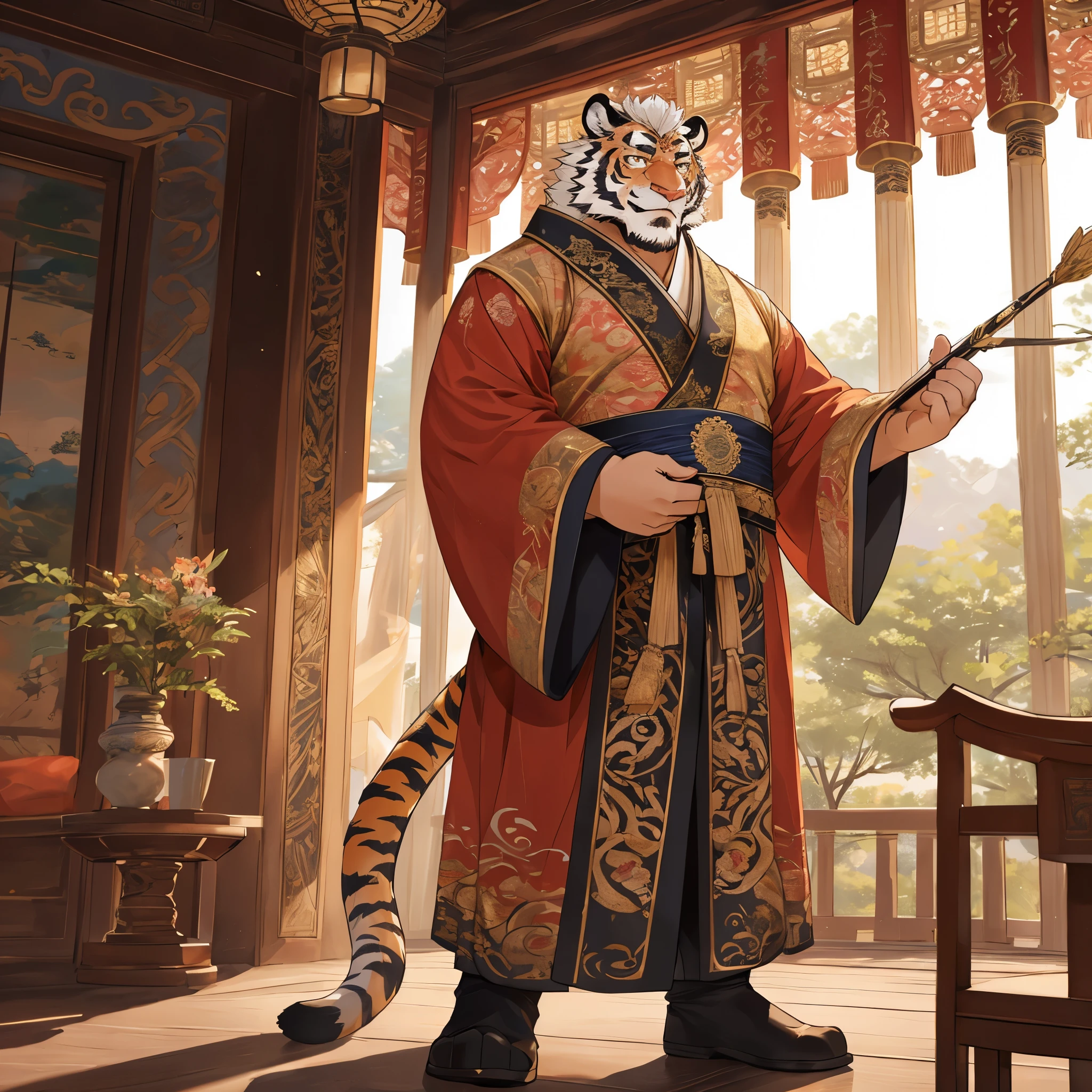 masterpiece, best quality, 8k resolution, Very detailed, hairy,tiger,Calm,Strong,male,White hair,,short hair,Golden Eyes,Opera costumes,Peking Opera,Hanfu,Detailed facial depiction,Highest quality scene,whole body,Standing,male,august,Solitary,