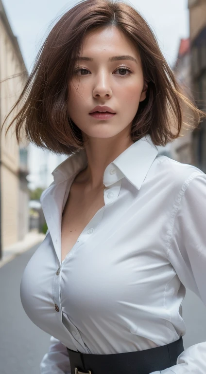 ((highest quality, 8k, masterpiece :1.3)), Sharp focus :1.2, Beautiful woman with perfect figure :1.4, Slim Abs :1.2, ((Dark brown hair, Big Breasts :1.3)), (White button-up long shirt :1.1), City Street:1.2, Highly detailed face and skin texture, Fine grain, double eyelid、short hair