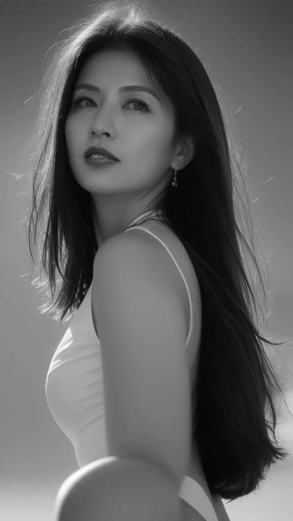 NSFW, ((Top Quality)), ((8K)), ((Masterpiece: 1.3)), (Perfect Appearance), (Photorealism: 1.6), (grayscale: 1.6), (Japanese woman walking on the beach: 1.4), (sandy beach at sunset), japanese woman, (48 years old), (back view), ((Standing upright, facing forward, center of screen)), ((Realistic skin texture)), (Fine wrinkles throughout the skin), (Dull skin), (Skin without moisture) , (Wrinkles on the face), (Wrinkles on the corners of the eyes), Double eyelids, tear bags on the lower eyelids, The eyes are looking here, serious gaze, smile with the corners of the mouth raised wide, straight medium length, hair fluttering in the wind, (Only women's lips are colored: 1.6), (bright red lips: 1.6), (face close-up: 1.3), (bright red lips: 1.2), Angle from feet: 1.2,