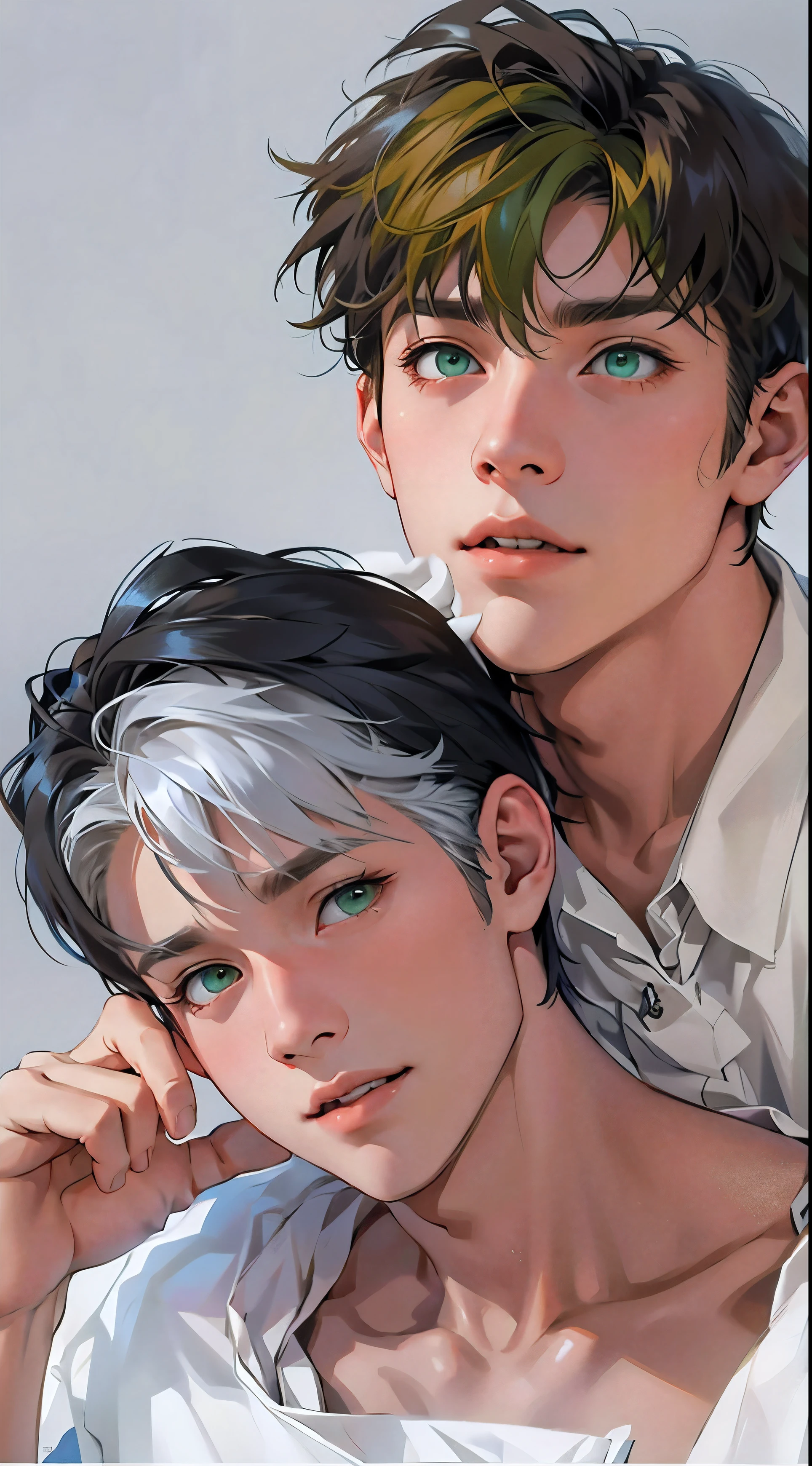 They are talking. They open their mouths. There are two cute 16-year-old boys. They are a couple. They are a couple. White hair. Green eyes. They are talking lovingly. They open their voices. One of them is telling a story to the other.