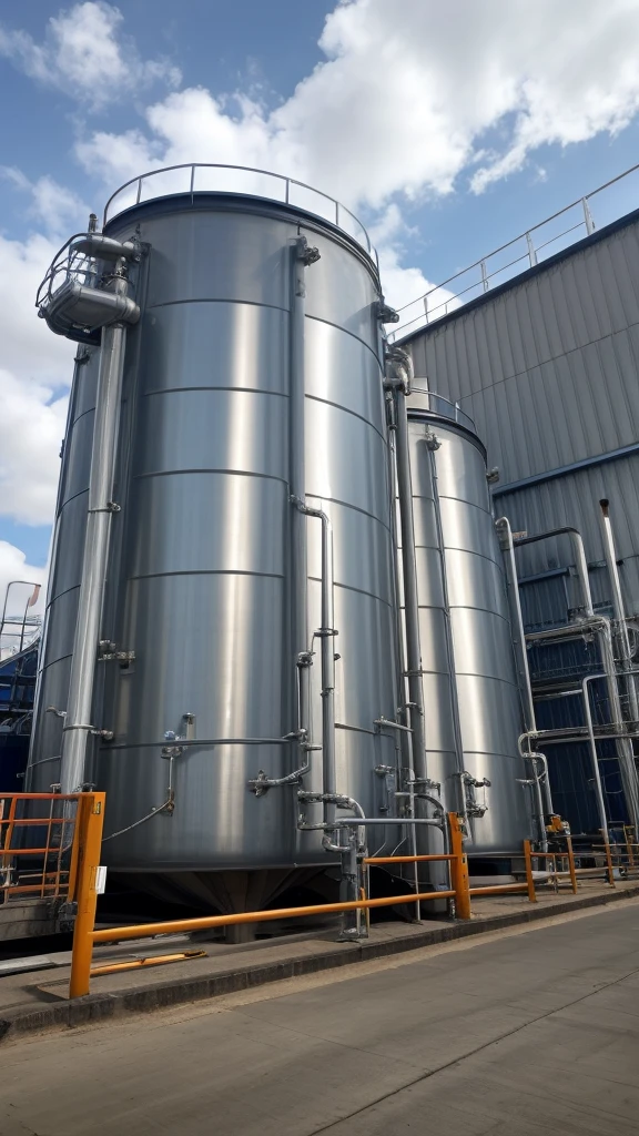 Landscape of Engineering Industrial Photo the Large Steel Water Tanks at industrial complex, factory and pipe installation as background and cloudy blue sky. Instagram photo, corporate photo, industrial tank.