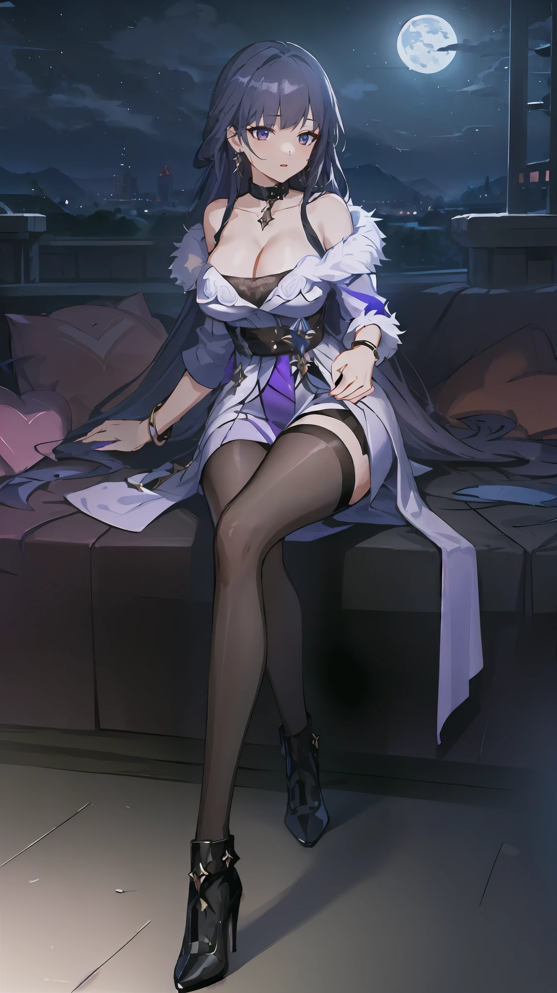 tmasterpiece,Best quality,extremely detaild CG unified 8k wallpapers, tmasterpiece, Best quality, CG, optics ,Raiden Mei (((Honkai Impact 3rd))),detail processing,((Purple pupil)),headgear, Purple long straight hair,((,MILF,A mature woman)),medium_breasts,Intimacies,eventide,Clear face,face expressionless,Long legs, high heels,bangle,((evening dress)), Black stockings,((fur straw shawl))