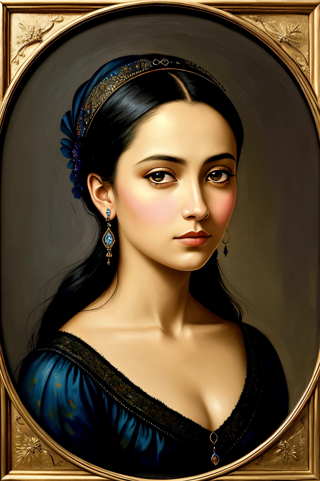 (Masterpiece of melancholy), (Meticulously painted edges filled to perfection), A black woman, an enchanting embodiment of resilience, is depicted inside a square cage made of elegant yet unyielding black metal bars in this captivating oil painting on canvas. Every curve and crease of her majestic features is intricately rendered, with prominent wrinkles and convolutions that bear testament to the weight of her experiences. The rich, vibrant colors used in the painting reflect the depth of her emotions, creating a poignant and expressive visual narrative. The glittering sapphire eyes of the woman mirror her inner turmoil, evoking a sense of contemplation and int