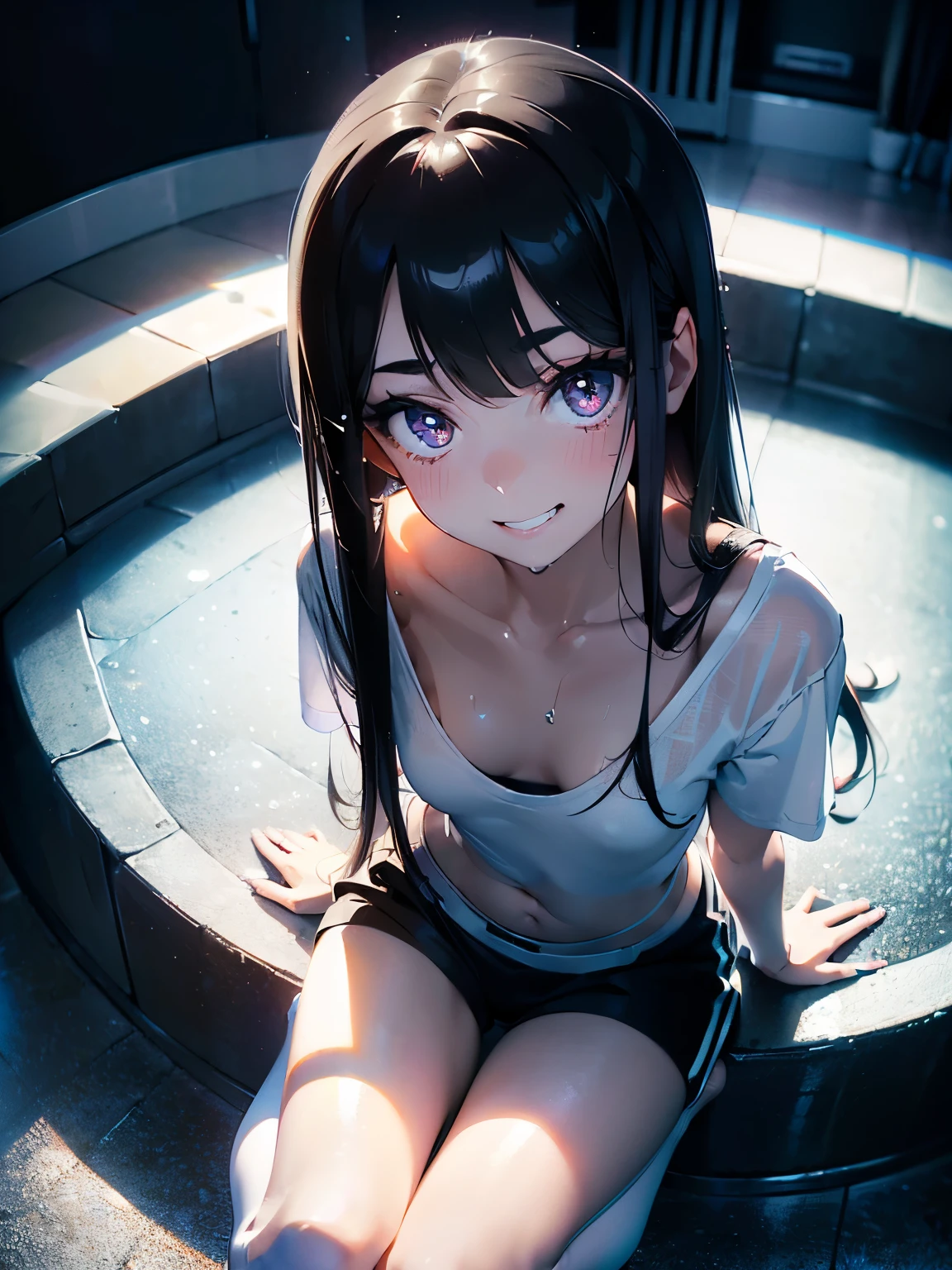 (masterpiece)(high resolution)(from above)((fish-eye lens)) A short, skinny 18-year old girl with giant gradient eyes. ((Flat chest)). (She has very long, straight black hair with diagonal bangs). Straight, long locks of hair. No ears. ((She wears a revealing wet white t-shirt)) Bra straps. She wears jogging shorts, and knee high socks. Night time. Candlelight. ((She's on her knees)), looking up at you, (mischievous grin). Blushing. (exquisite facial details). shiny skin, light reflected off her lips.