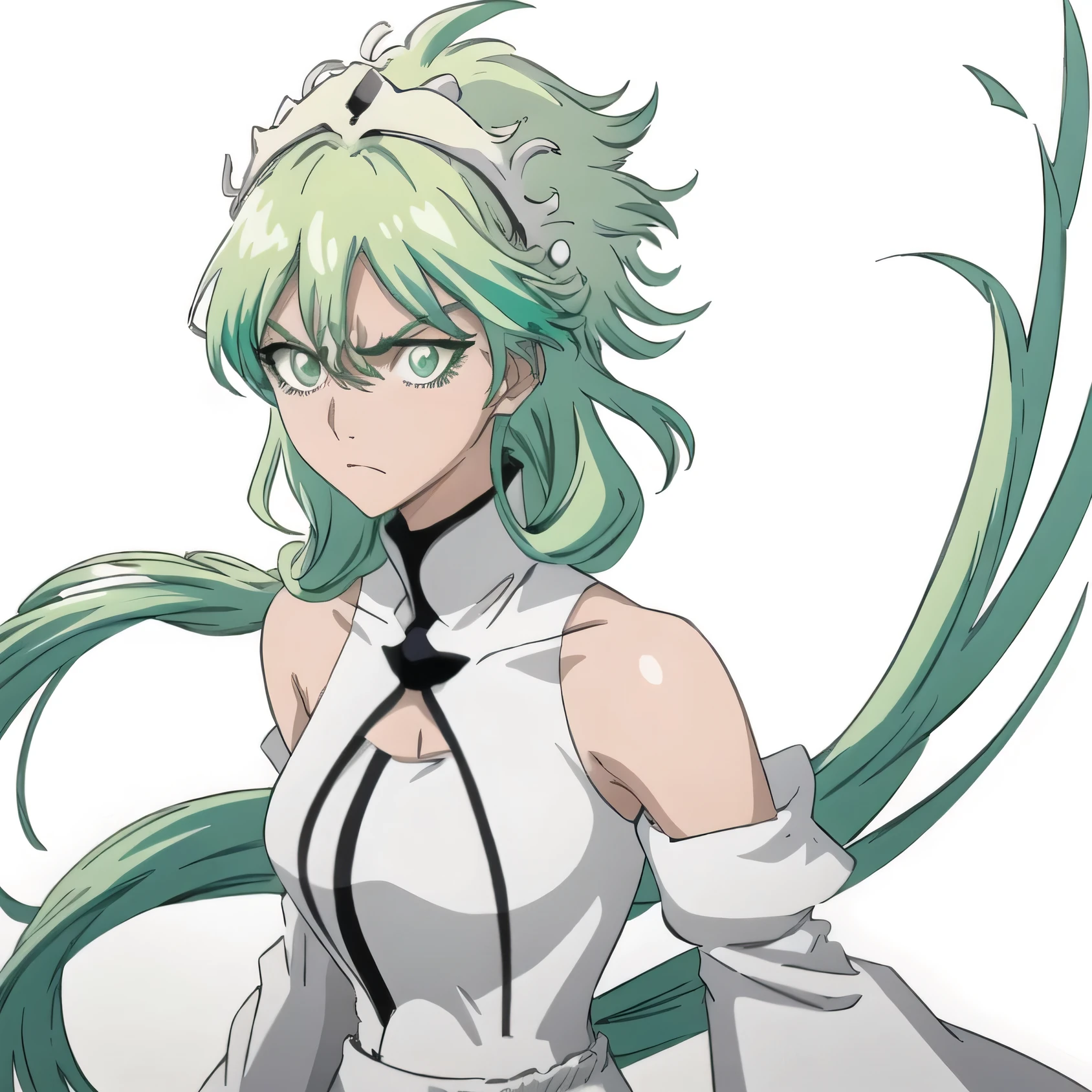 1girl, solo, arrancar, bare shoulders, haughty attitude, long sleeves, simple background, white background, long neon green hair, emerald color eyes, olive skin, white and black clothes, high collar close to neck, middle aged woman, bleach art-style, 2d, scowling, traversing , traversing empty ivory hallway