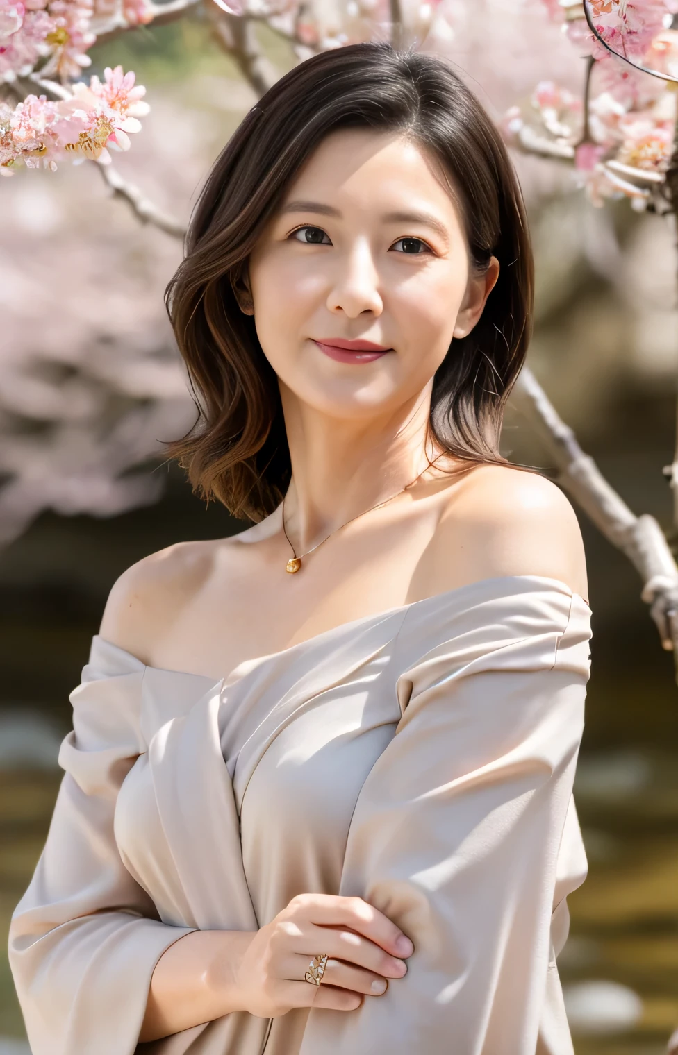 Professional, High level of detail, close up photo (attractive mature 45yo woman:1.3), long black hair,(red long dress, off shoulder, wearing robe)1.455, ray tracing, natural lighting, (seductive:1.1), (blushing:1.1 ), (classy, elegant, dandy)1.2, (pokies)1.3, (toned body, hourglass body shape) (wipe hips), (full body with visible face and eyes)1.5, glasses, earnings, sakura forest, river, standing, shy smile, golden necklace