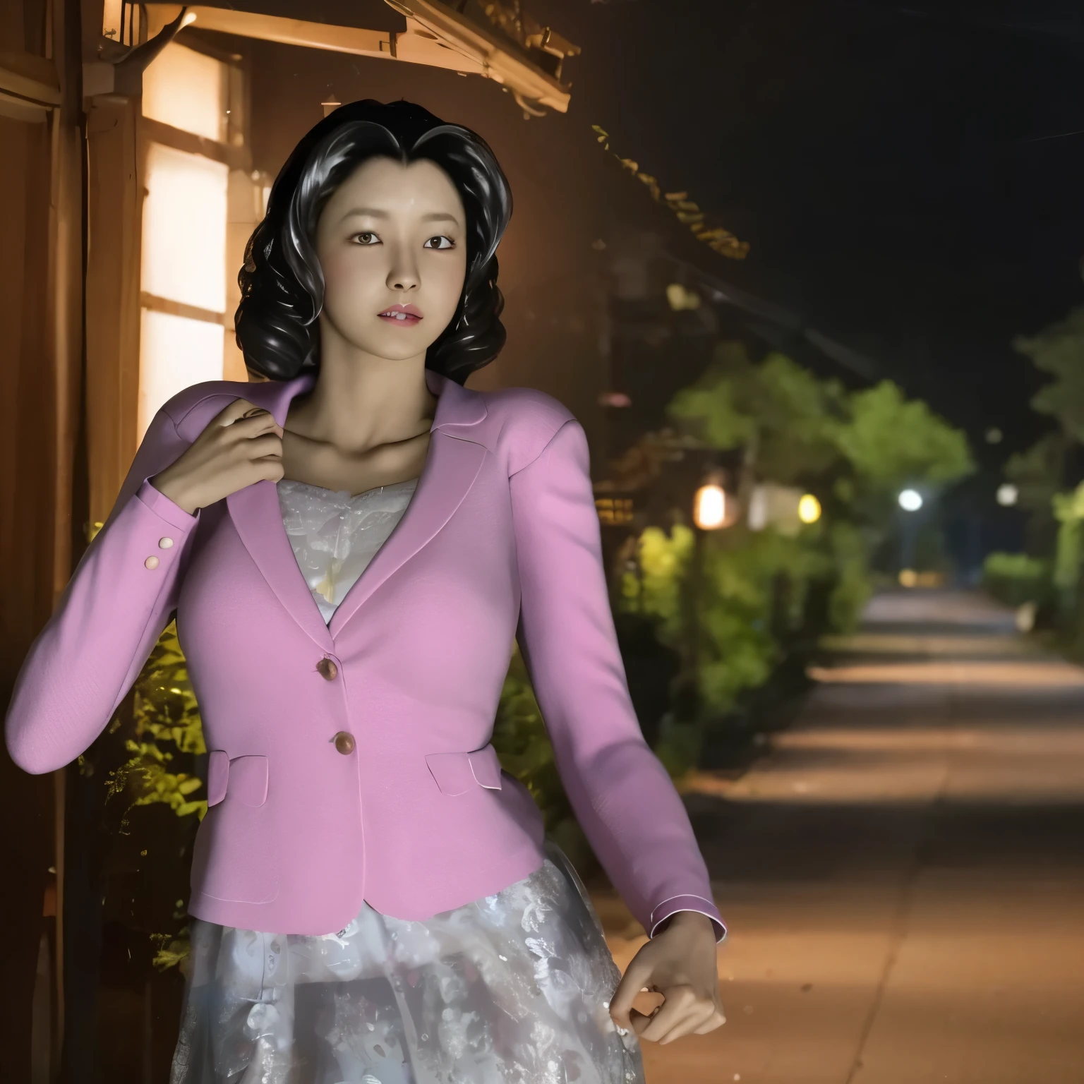(8k, highest quality, masterpiece:1.2), (Realistic, photo-Realistic:1.37), Very detailed,highest quality, Ultra-high resolution, Professional Lighting, Photon Mapping, Radio City, Physically Based Rendering, Cinema Lighting, Late night roads,Written boundary depth, Sharp focus,Street lamp light、Good composition,(Bokeh:1.2) 1 girl,alone,(whole body), (Mouth closed),Beautiful Eyes,Beautiful thighs、 Temporarily stop, Tight waist,Japanese women, Black Hair,Messy Hair,Hair blowing in the wind,(Ulzzang-6500:1.2) Mix 4, 25-year-old female、