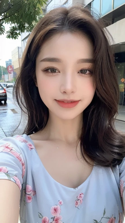 ((best quality, 8k, masterpiece:1.3)), key point: 1.2, Perfect body beauty: 1.4, Hips: 1.2, (Layered Hairstyle,), (Wet clothes: 1.1), (rain, street:1.3), Chiffon Floral Fairy Dress: 1.1, Highly detailed face and skin texture, beautiful eyes, Double eyelids, skin whitening, Long hair, (shut up: 1.3), Smile