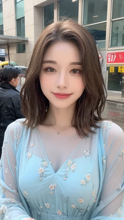 ((best quality, 8k, masterpiece:1.3)), key point: 1.2, Perfect body beauty: 1.4, Hips: 1.2, (Layered Hairstyle,), (Wet clothes: 1.1), (rain, street:1.3), Chiffon Floral Fairy Dress: 1.1, Highly detailed face and skin texture, beautiful eyes, Double eyelids, skin whitening, Long hair, (shut up: 1.3), Smile