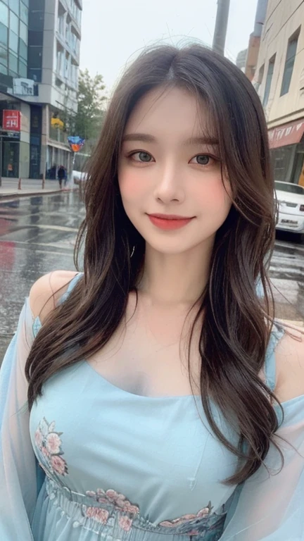 ((best quality, 8k, masterpiece:1.3)), key point: 1.2, Perfect body beauty: 1.4, Hips: 1.2, (Layered Hairstyle,), (Wet clothes: 1.1), (rain, street:1.3), Chiffon Floral Fairy Dress: 1.1, Highly detailed face and skin texture, beautiful eyes, Double eyelids, skin whitening, Long hair, (shut up: 1.3), Smile