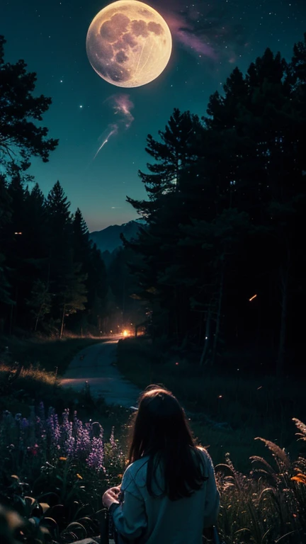 Vast landscape photo, (viewed from below, the sky is above and the open field is below), a girl standing on a flower field looking up, (full moon: 1.2), (meteor: 0.9), (nebula: 1.3), distant mountains , Trees BREAK Crafting Art, (Warm Light: 1.2), (Fireflies: 1.2), Lights, Lots of Purple and Orange, Intricate Details, Volumetric Lighting, Realism BREAK (Masterpiece: 1.2), (Best Quality), 4k, Ultra-Detailed, (Dynamic Composition: 1.4), Very Detailed, Colorful Details, (Rainbow Colors: 1.2), (Glow Lighting, Atmospheric Lighting), Dreamy, Magical, (Solo: 1.2)