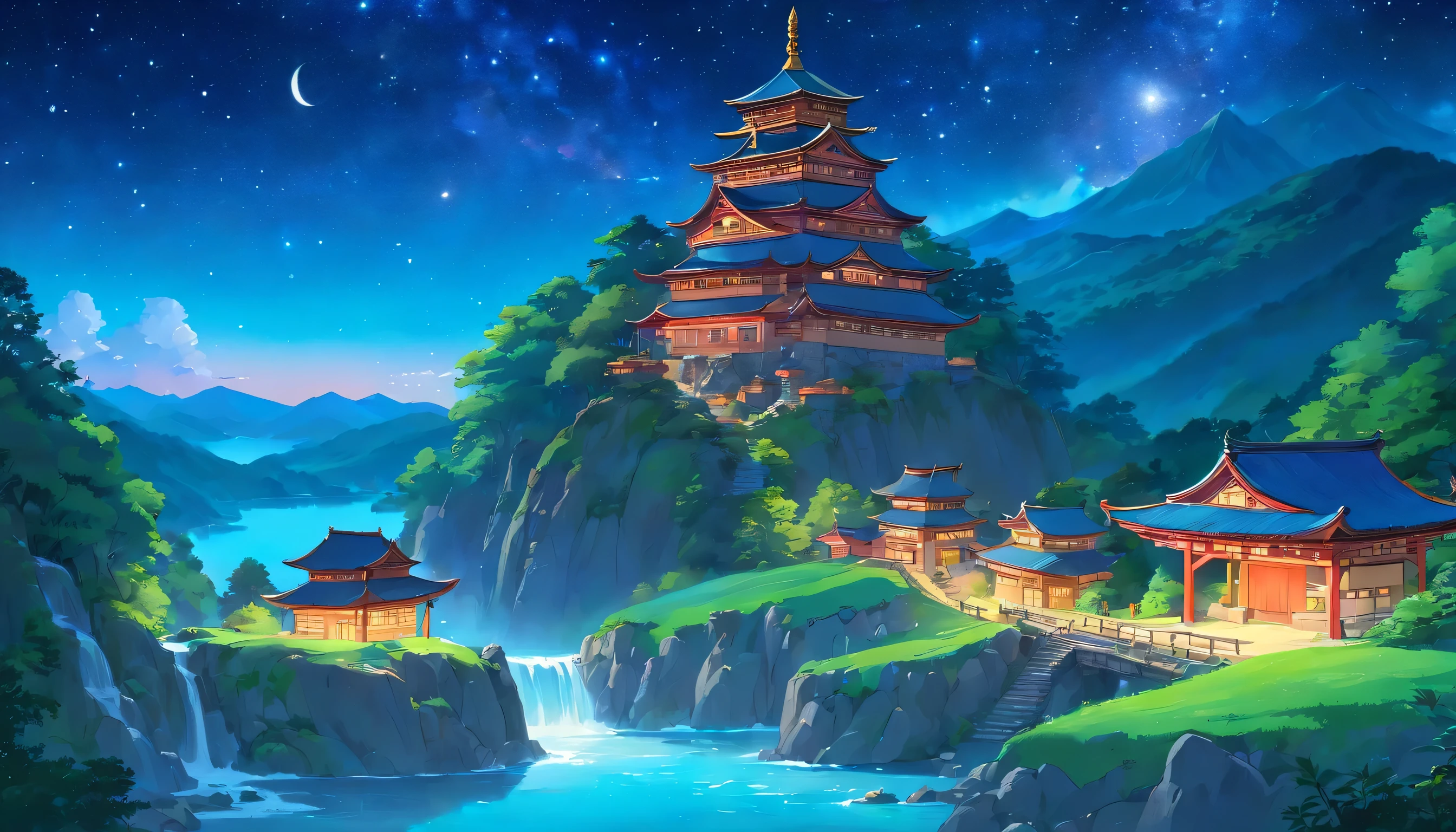 Night Scenery、Small temple on the mountain、Beautiful starry sky、Singing bowl with a flowing stream、Tibetan landscape
