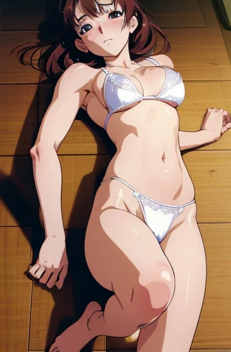 (Unity 8K Wall Pace),(highest quality),(High resolution),(Very detailed),(Perfect Anatomy),(Beautiful fine details),YAWARA,(urasawa naoki style),20 years,Blushed,Lying on your back,White lace micro bikini,cameltoe,erect nipples,(open leg),Full body shot from above,