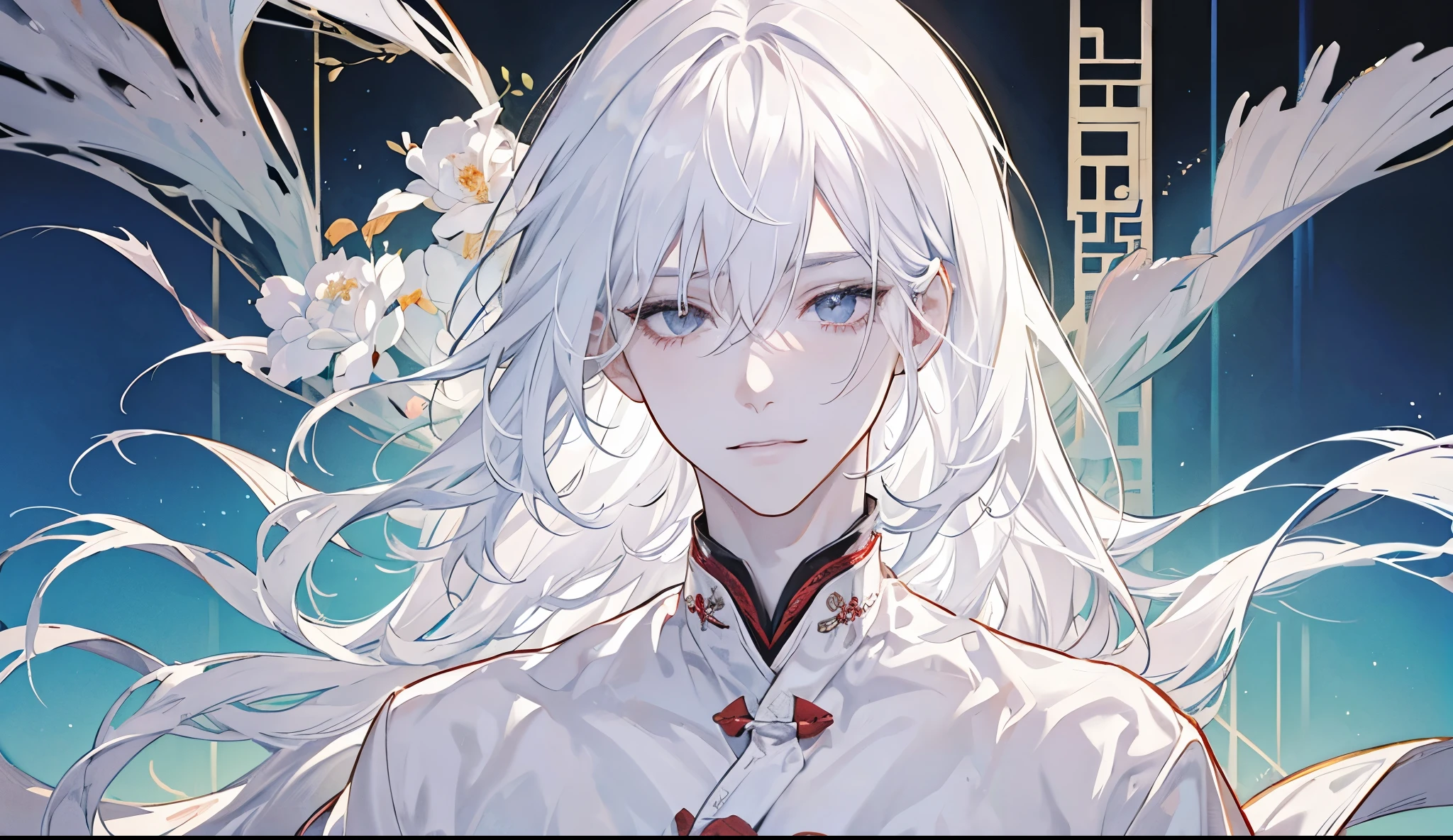 white hair, long hair, parted bangs, very long hair, widow's peak, ribbon, blank eyes, white eyes, smile, male, Young man, Beautiful man, Chinese ancient style, White gorgeous Chinese ancient costume, White shoes, White skin, White lips, wine altars, White Lotus, anime style, UHD, high quality, textured skin, high details, highres, 16k，White Phoenix，full-body shot，Sitting